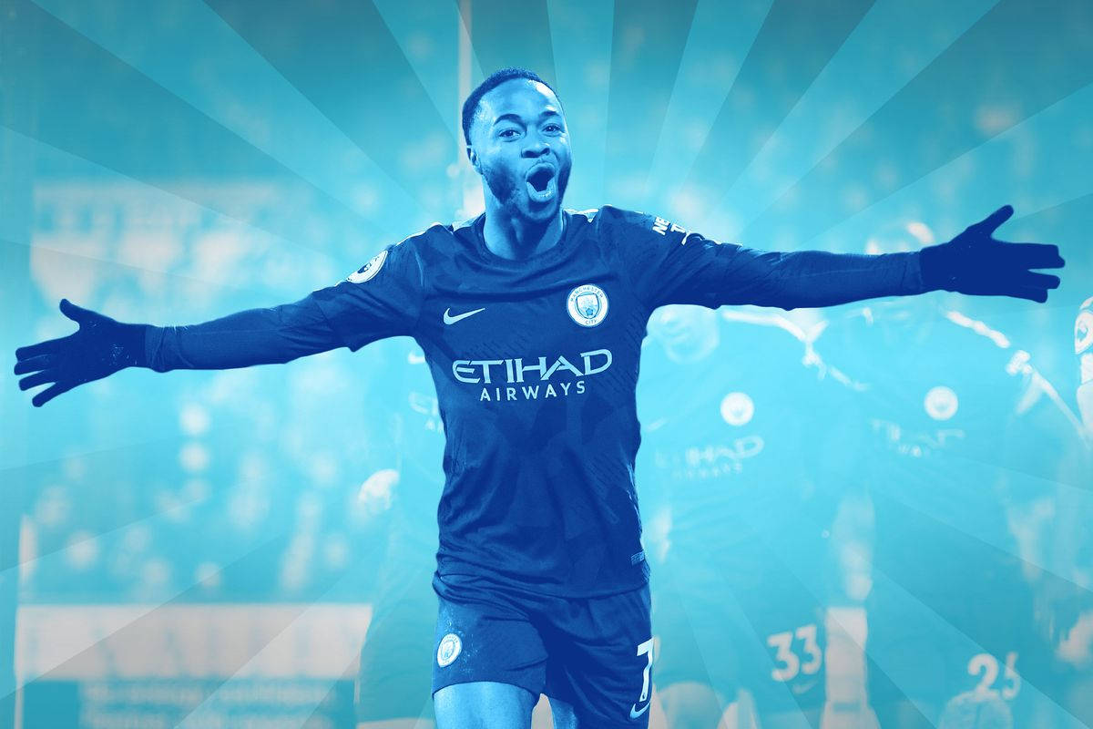 Raheem Sterling, blue Manchester City jersey, radiant blue background, SD Desktop Wallpaper