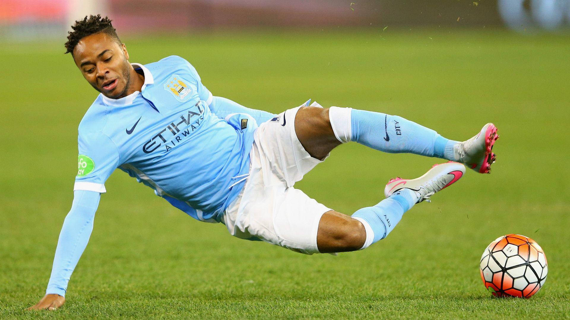 Raheem Sterling, light blue jersey, colorful ball, Full HD Desktop Wallpaper