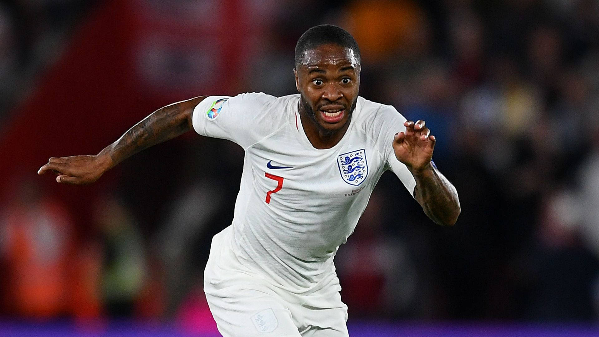 Raheem Sterling, white England jersey, number 7, Full HD Desktop Wallpaper