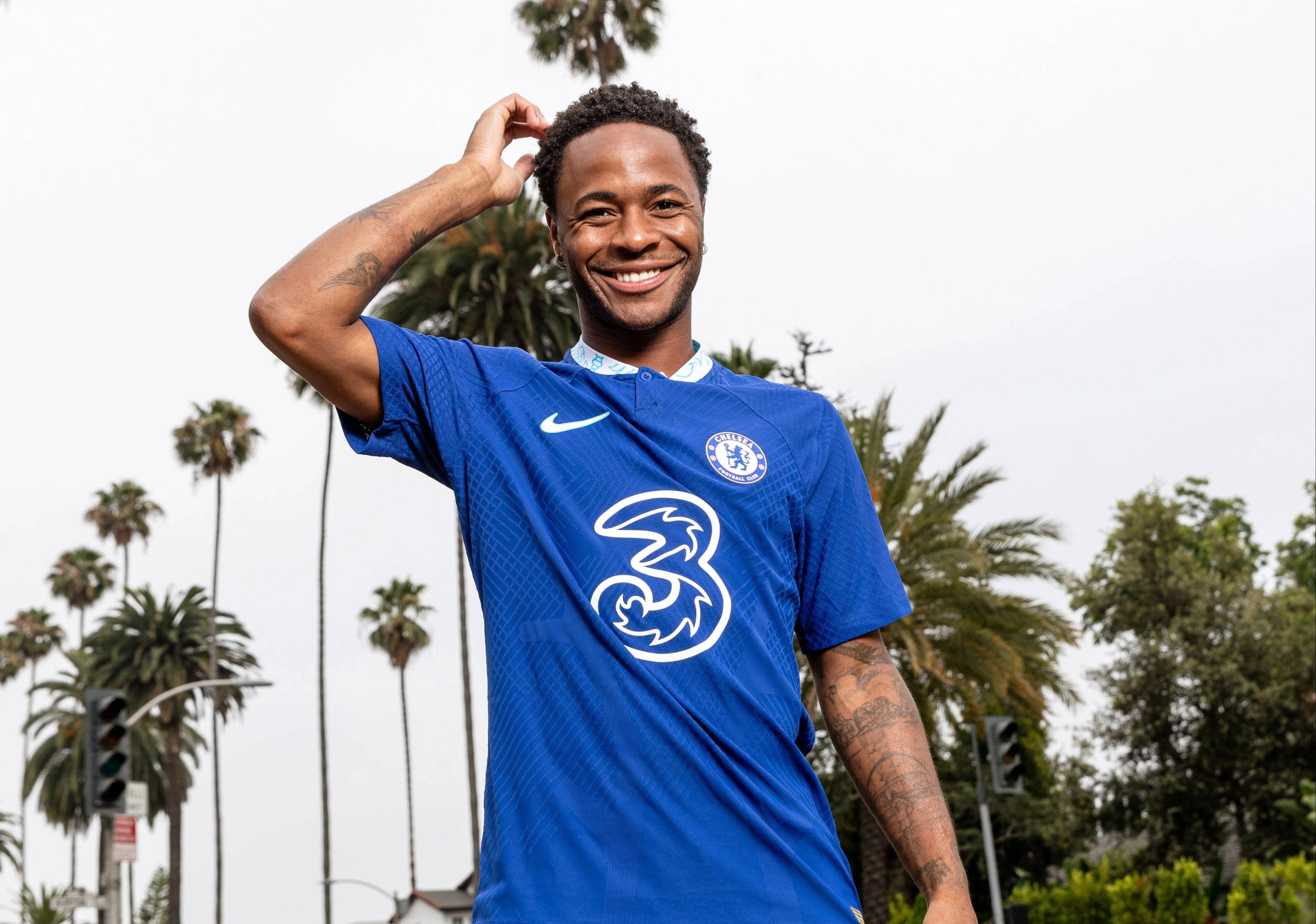 Raheem Sterling, blue Chelsea jersey, palm trees, 4K Desktop Wallpaper