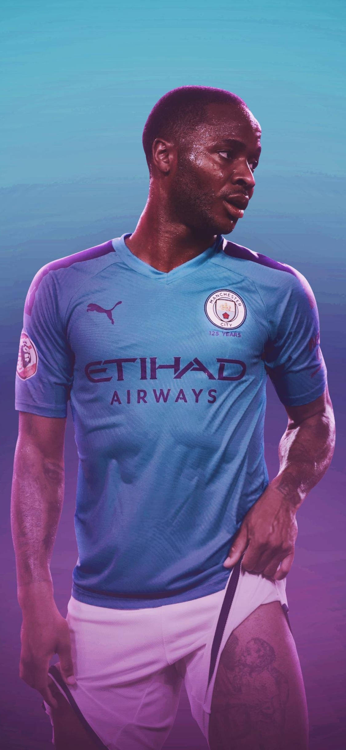 Raheem Sterling, blue Manchester City jersey, gradient teal and purple background, Full HD Phone Wallpaper