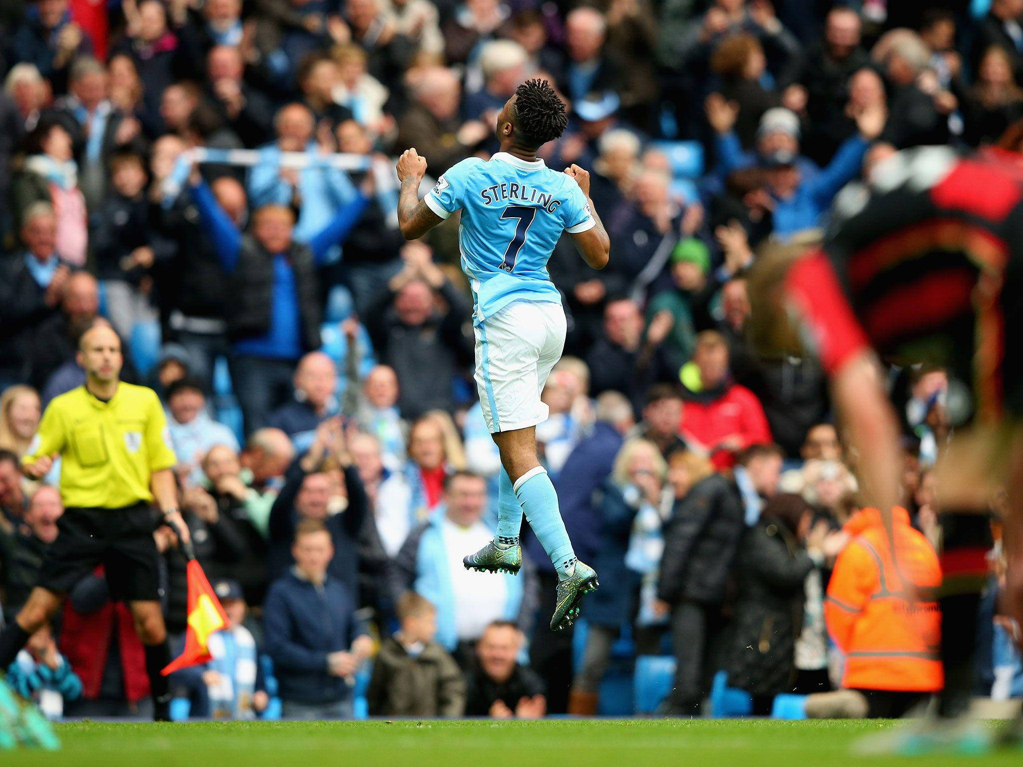 Raheem Sterling, light blue jersey, green pitch, Full HD Desktop Wallpaper
