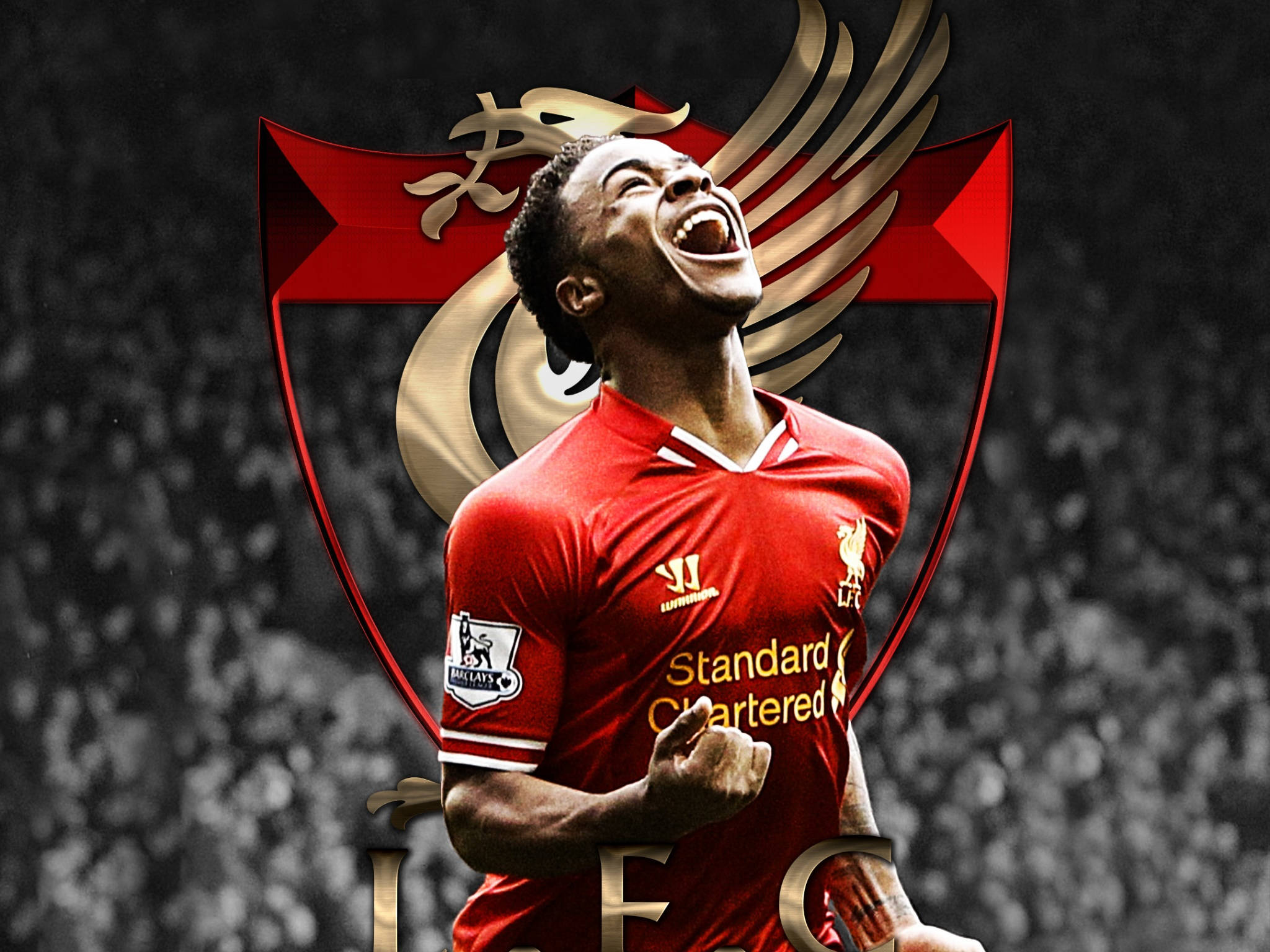 Raheem Sterling, red Liverpool jersey, stadium backdrop, Full HD Desktop Wallpaper