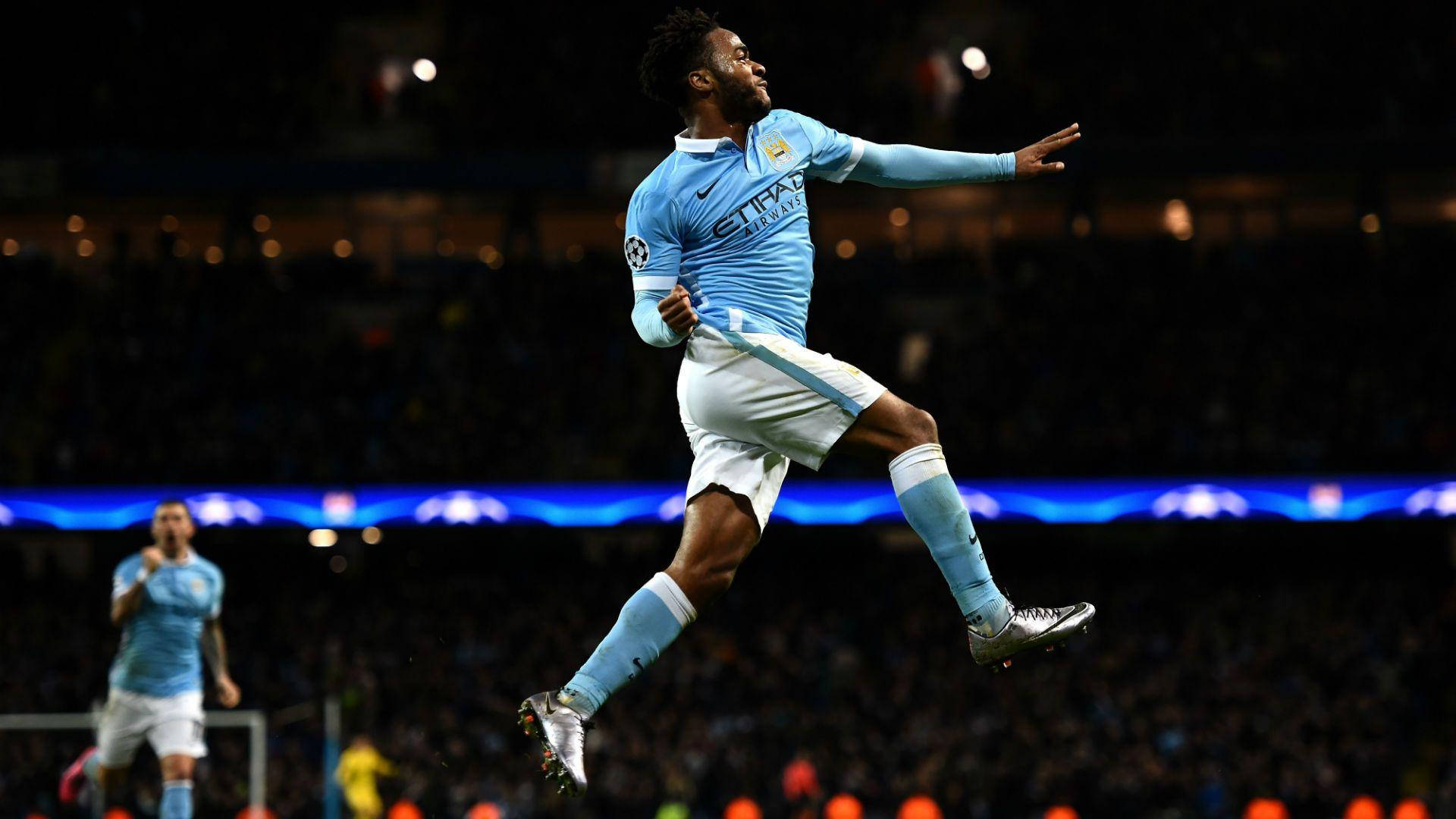 Raheem Sterling, light blue jersey, stadium lights, Full HD Desktop Wallpaper