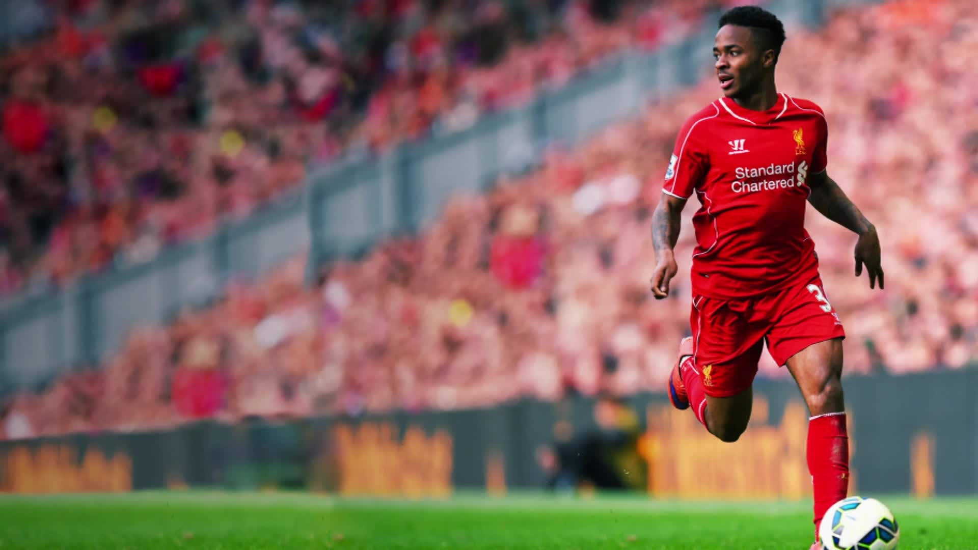 Raheem Sterling, red Liverpool kit, vibrant green pitch, Full HD Desktop Wallpaper