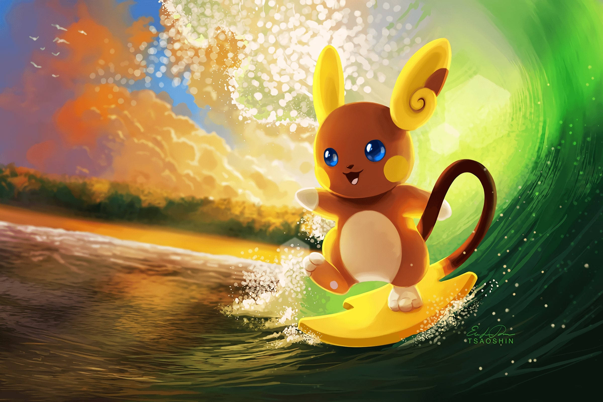 Raichu, vibrant green wave, yellow surfboard, Full HD Desktop Wallpaper