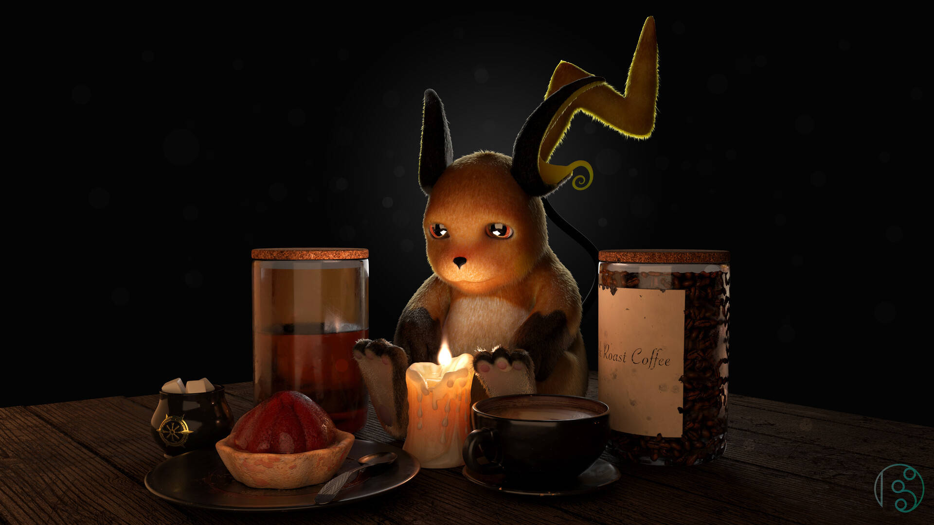 Raichu, wooden table, lit candle, Full HD Desktop Wallpaper
