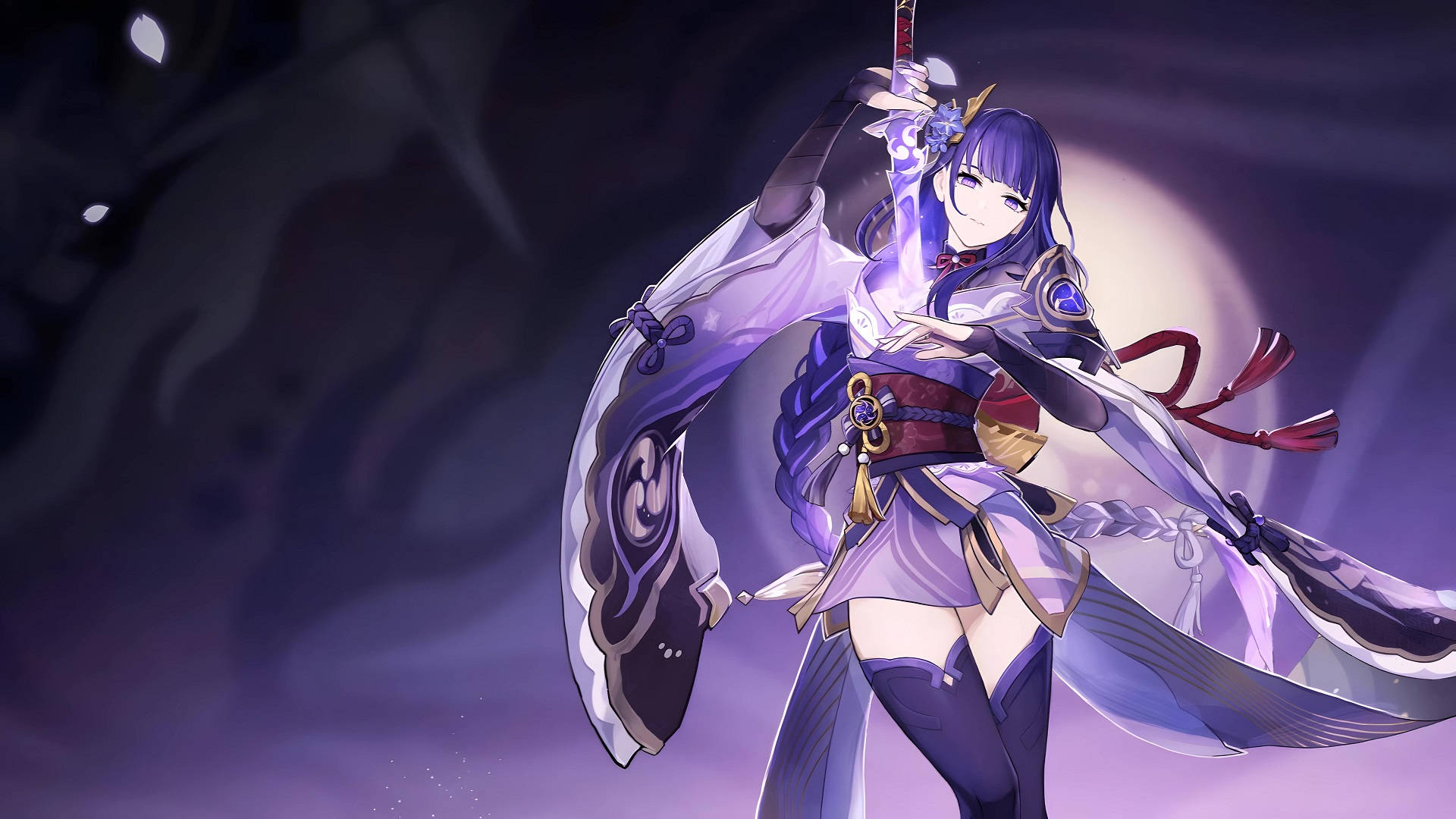Raiden Shogun, purple-haired, anime warrior, Full HD Desktop Wallpaper