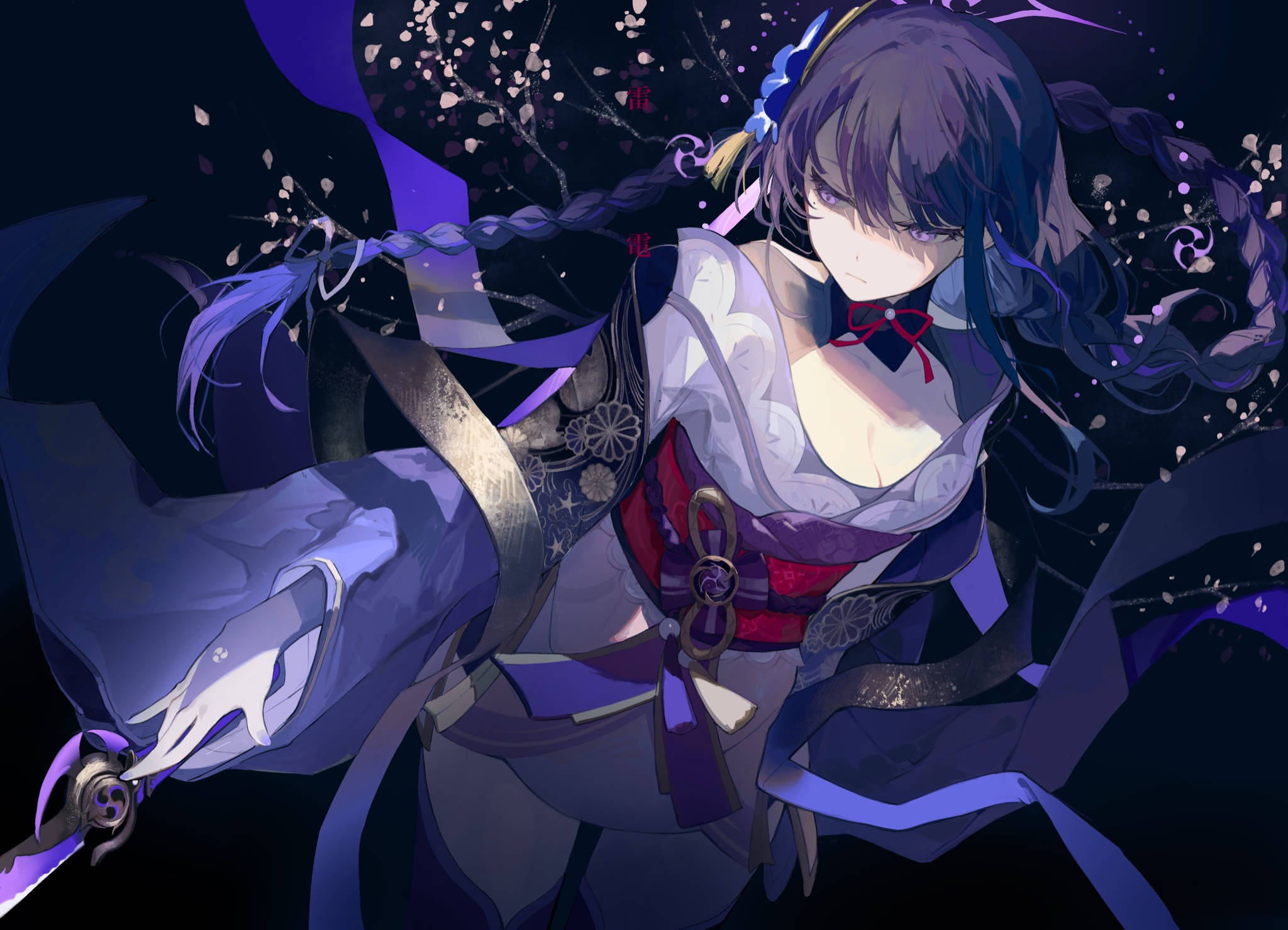 Raiden Shogun, purple and white kimono, sword, Full HD Desktop Wallpaper