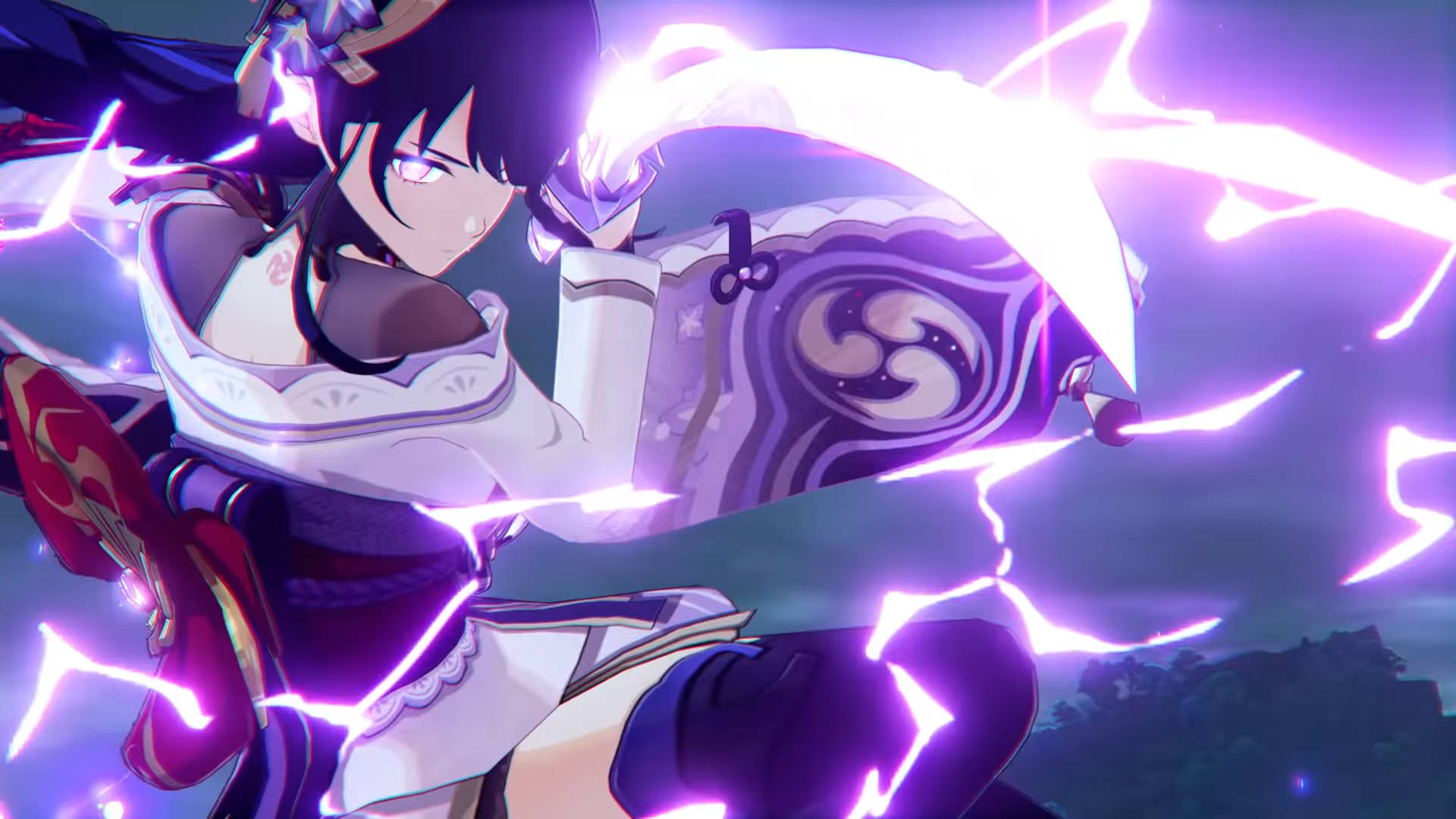 Raiden Shogun, glowing purple sword, electric energy, Full HD Desktop Wallpaper