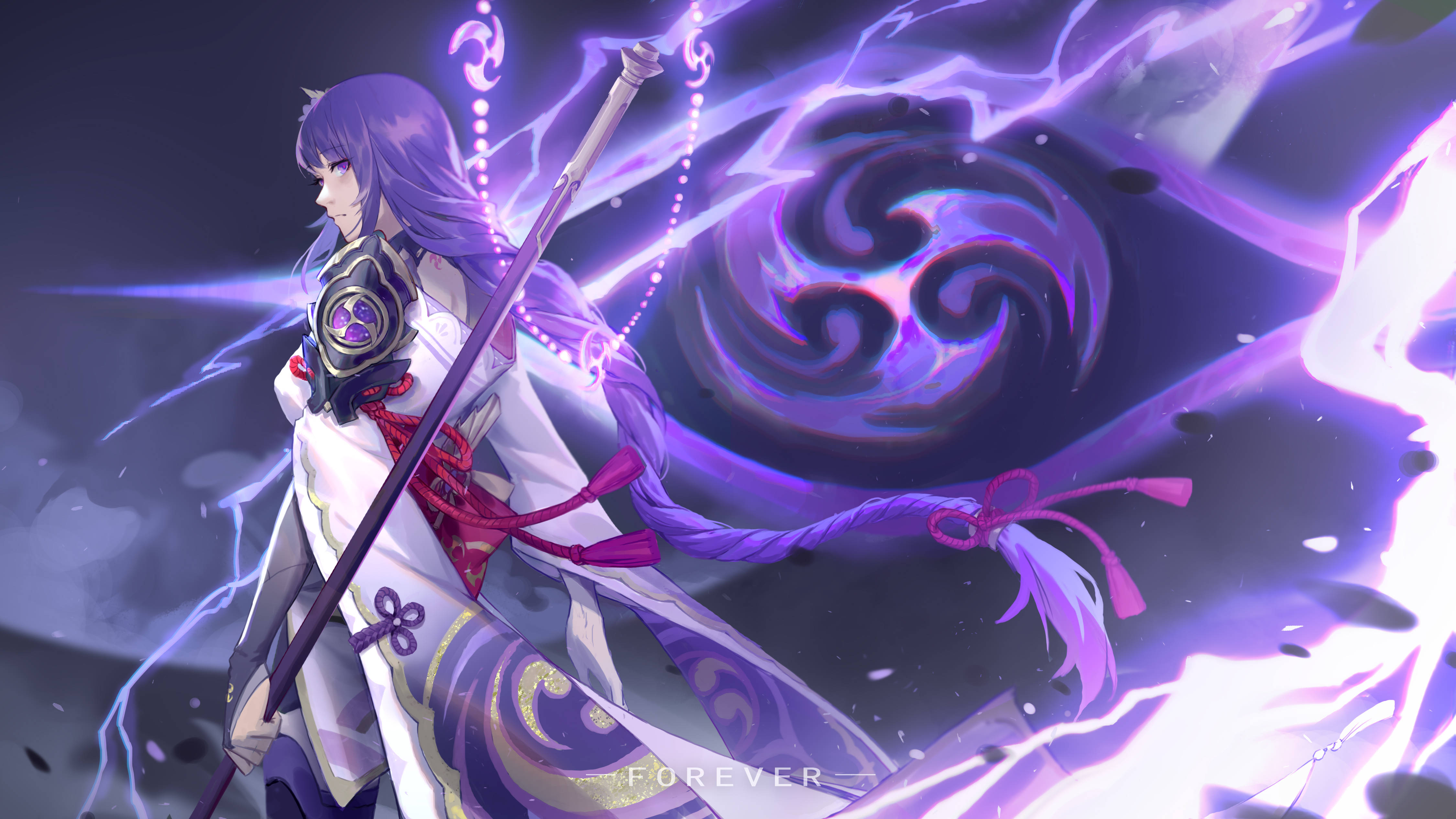 Raiden Shogun, purple-haired anime warrior, white and purple robes, 4K Desktop Wallpaper
