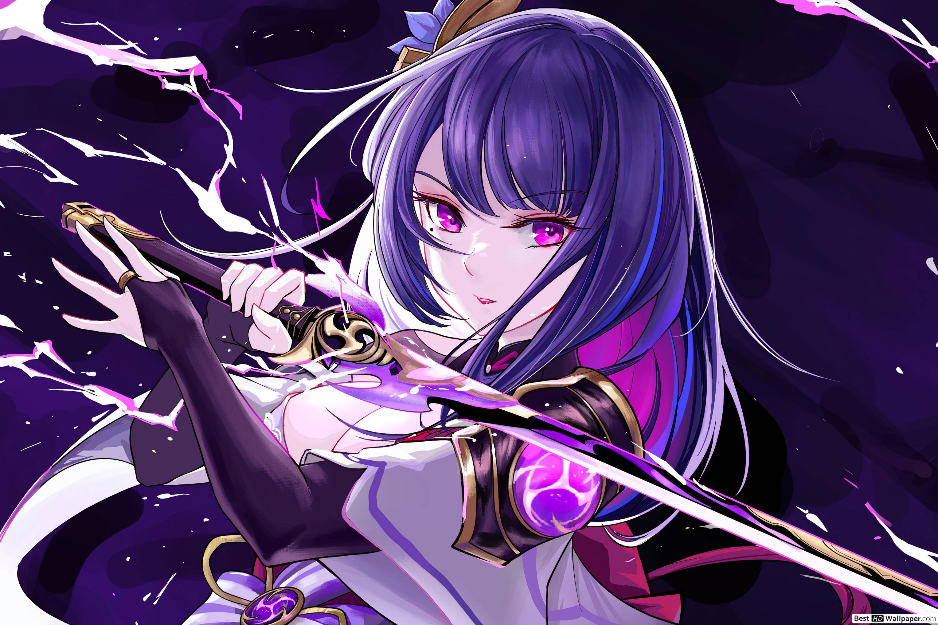 Raiden Shogun, chibi, purple hair, 2K Desktop Wallpaper