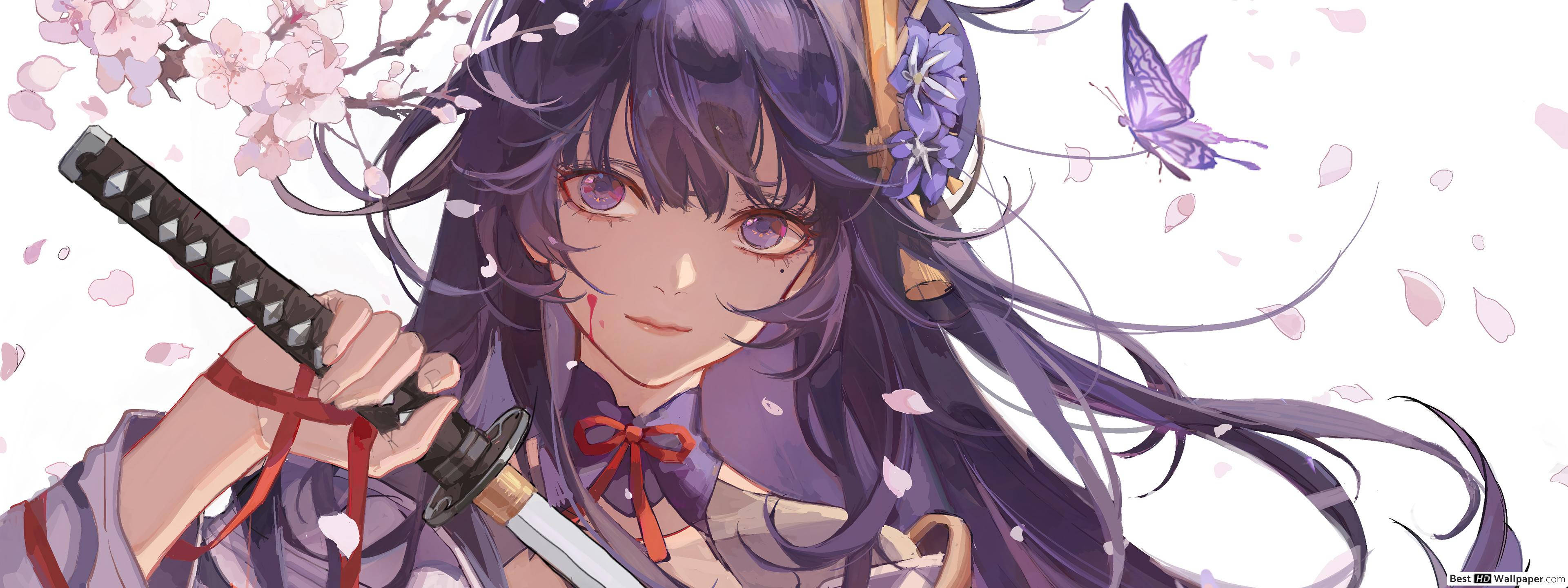 Raiden Shogun, purple-haired, katana, 4K Desktop Wallpaper