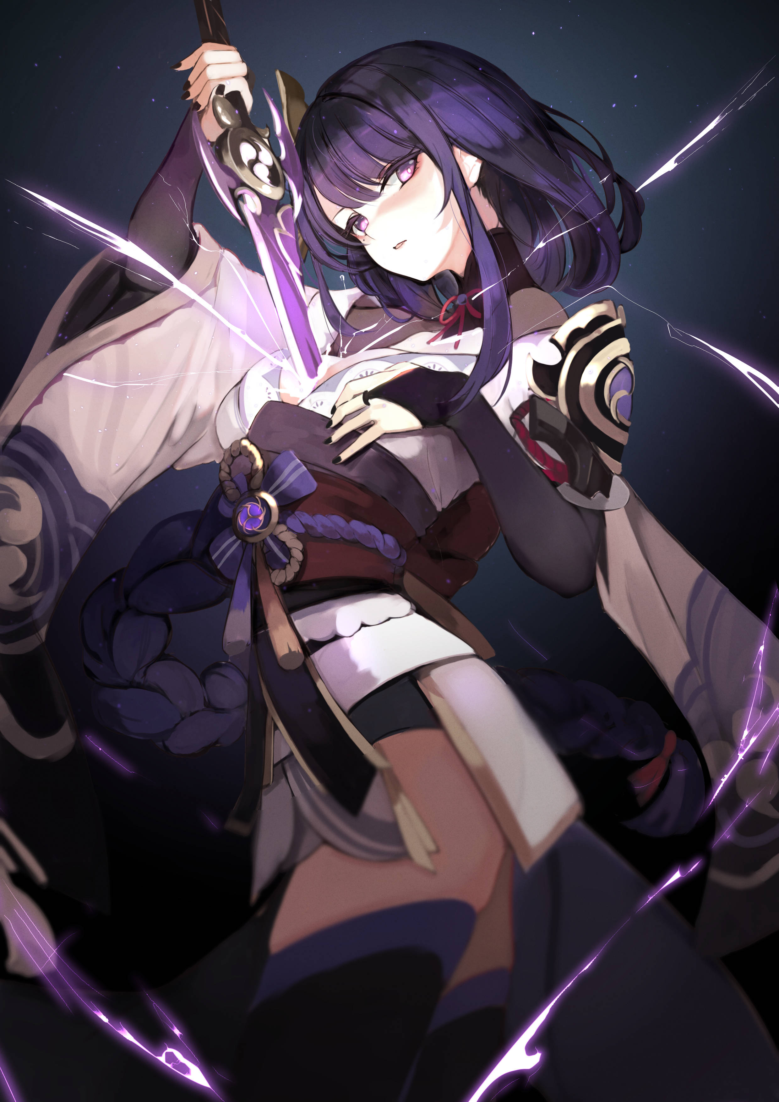 Raiden Shogun, purple-haired, ornate armor, 2K Phone Wallpaper