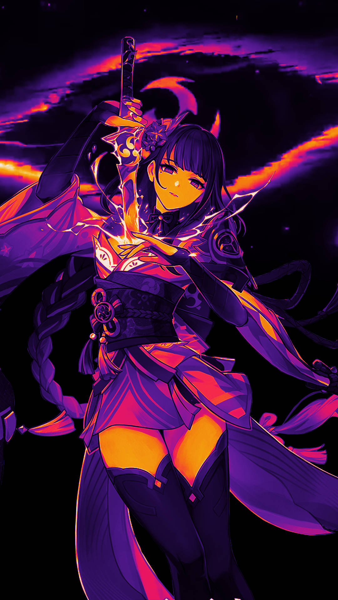 Raiden Shogun, dark hair, glowing sword, Full HD Phone Wallpaper