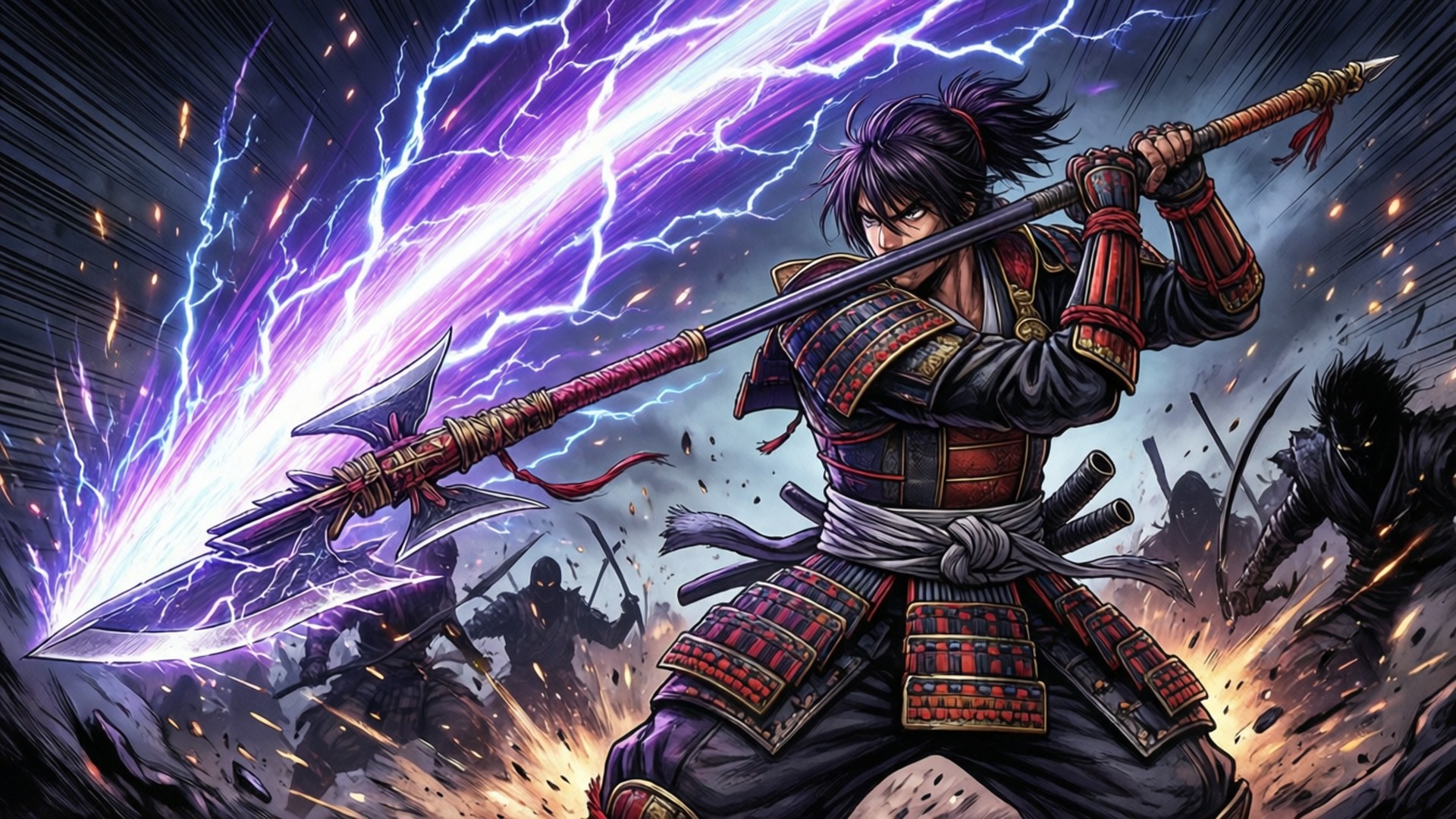 Raiden Shogun, glowing lightning-empowered spear, storm of purple lightning, Full HD Desktop Wallpaper