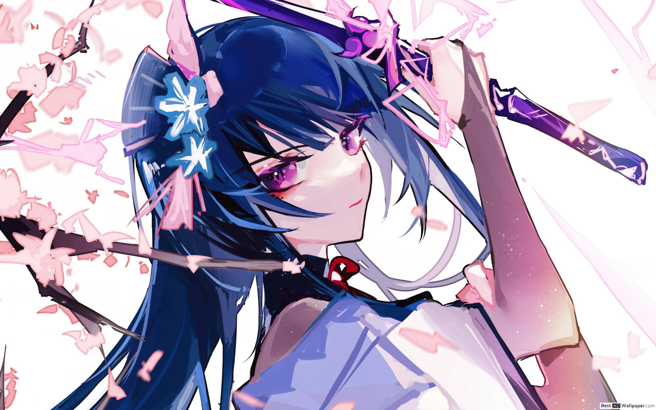 Raiden Shogun, blue hair, purple eyes, 2K Desktop Wallpaper