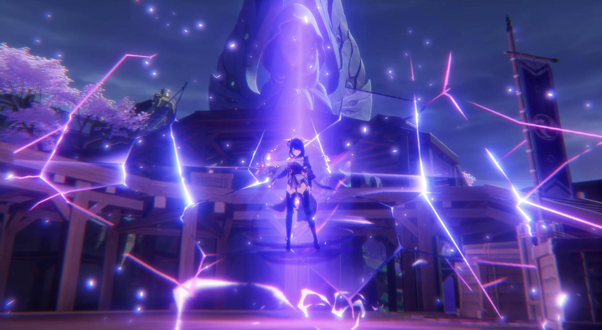 Raiden Shogun, glowing purple energy field, giant stone face, Full HD Desktop Wallpaper