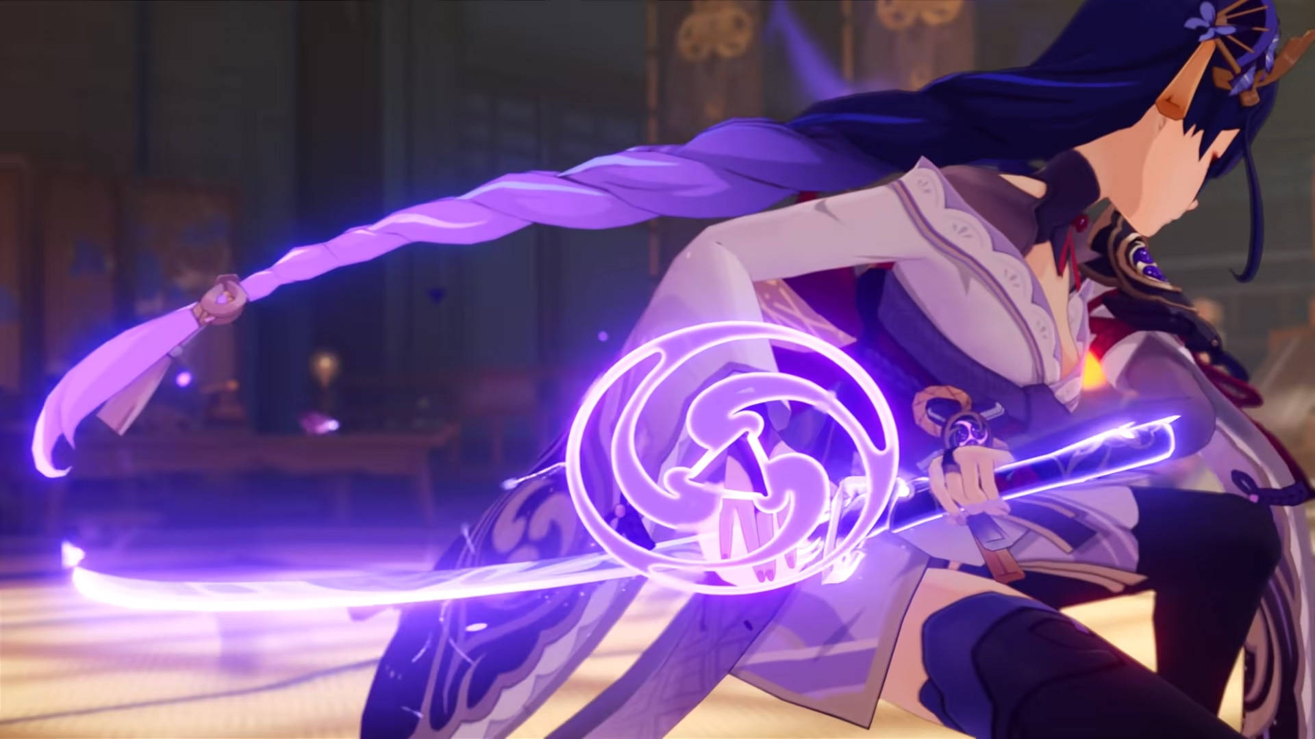 Raiden Shogun, glowing purple sword, flowing braid, Full HD Desktop Wallpaper