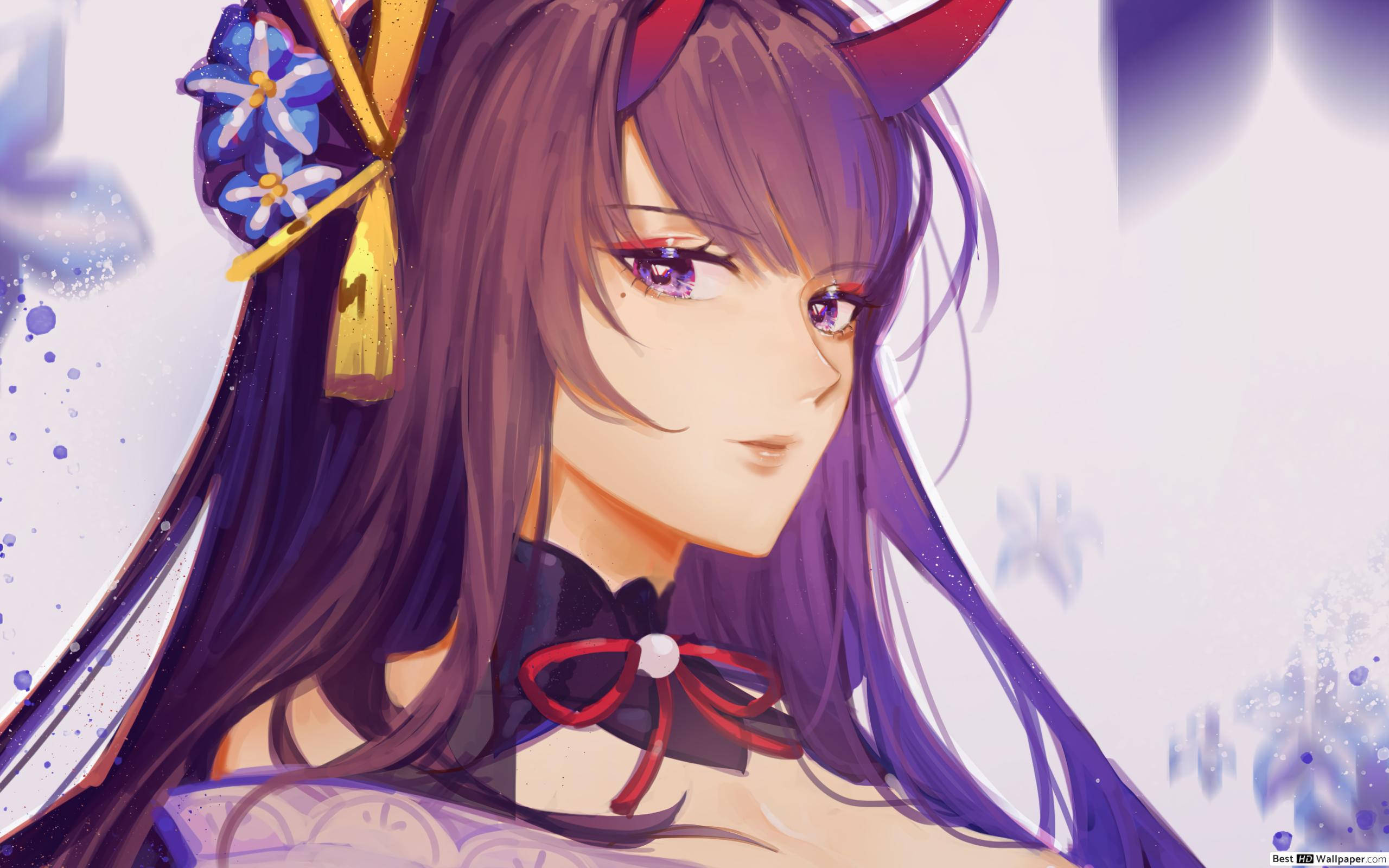 Raiden Shogun, purple hair, red horns, 2K Desktop Wallpaper