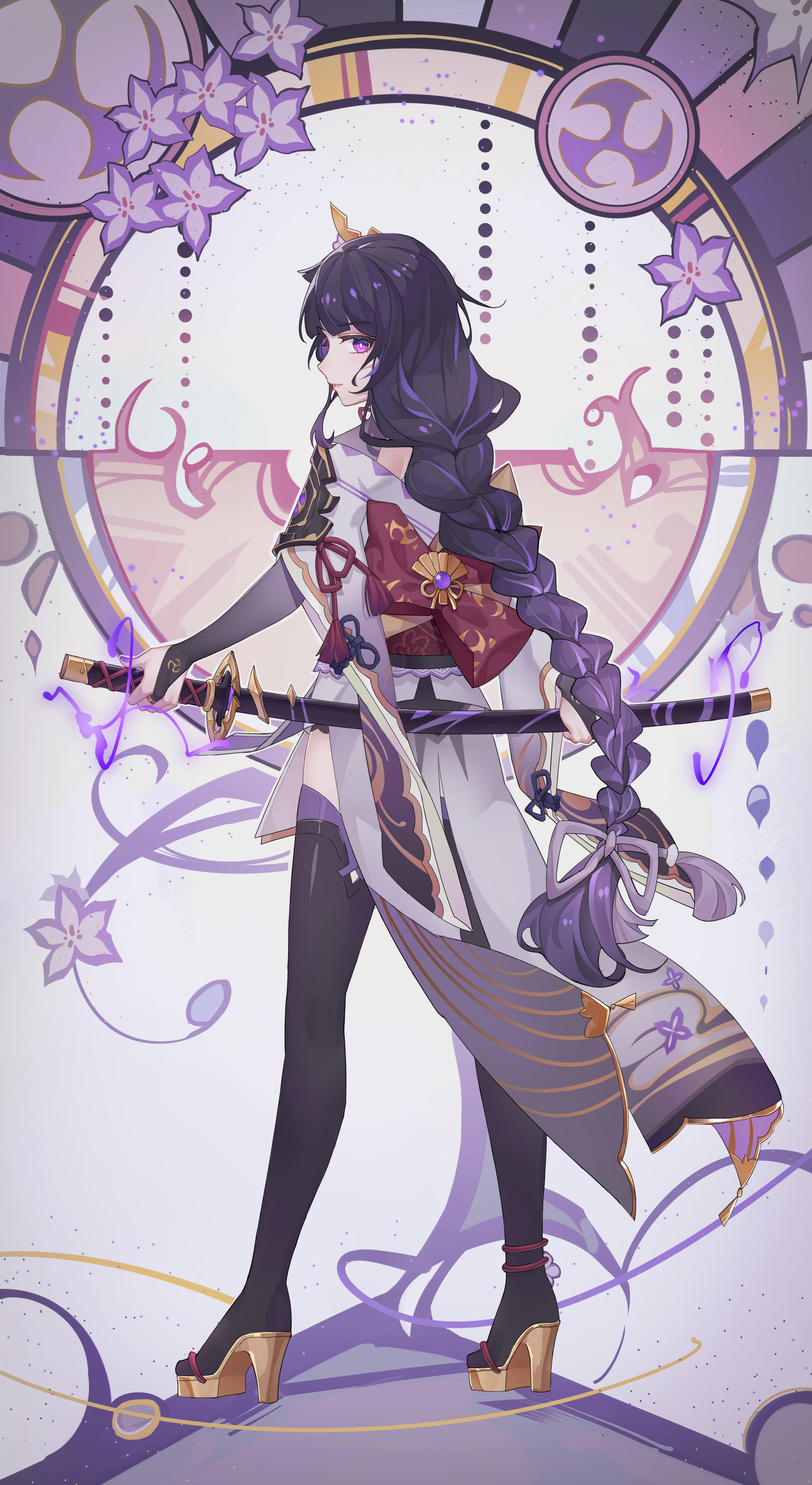 Raiden Shogun, purple-haired, white and red outfit, 4K Phone Wallpaper