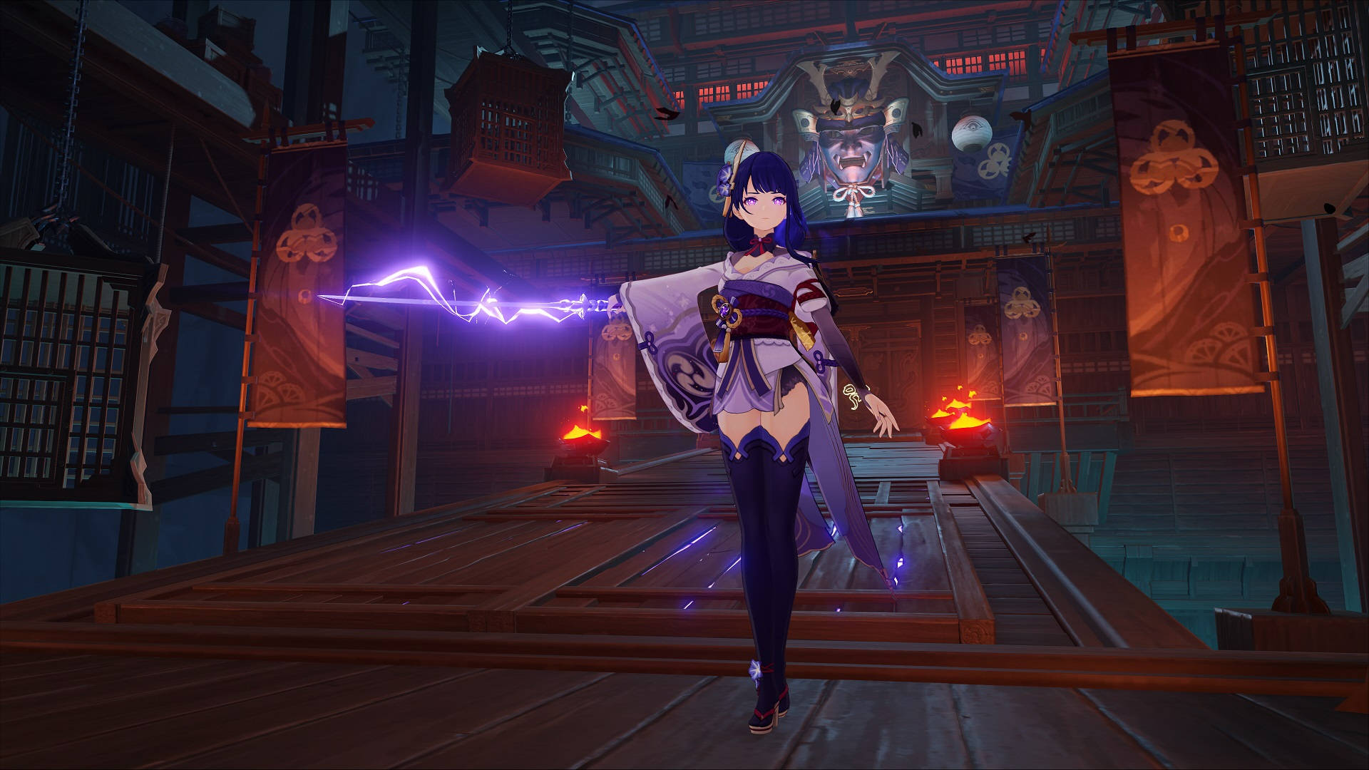 Raiden Shogun, purple-haired anime girl, traditional outfit, Full HD Desktop Wallpaper