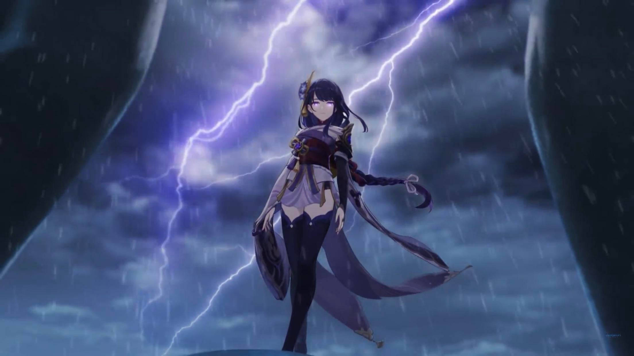 Raiden Shogun, purple armor, lightning strikes, Full HD Desktop Wallpaper