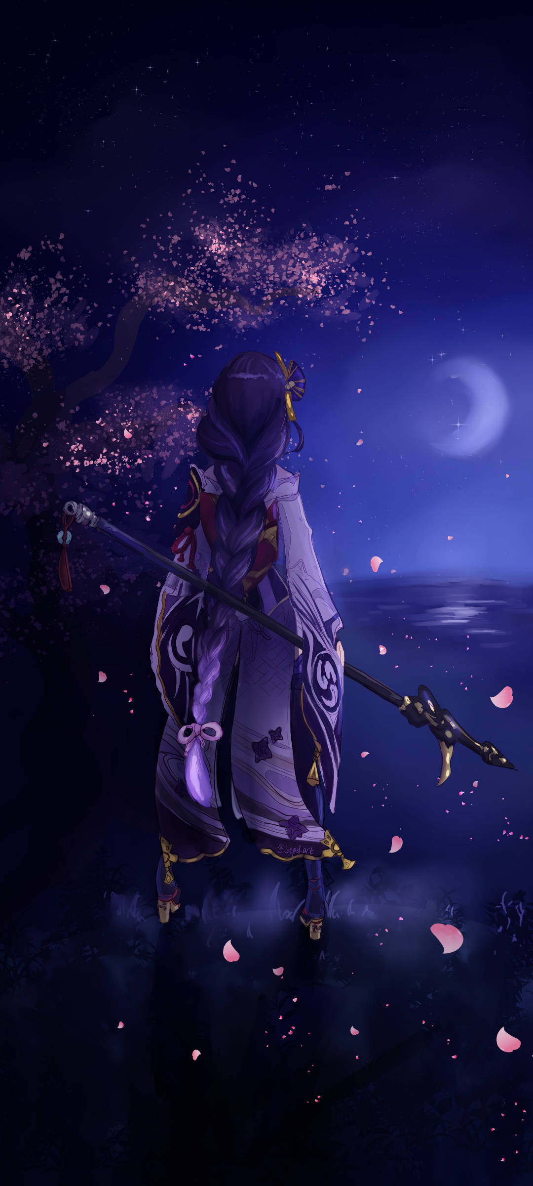 Raiden Shogun, starry night, crescent moon, Full HD Phone Wallpaper