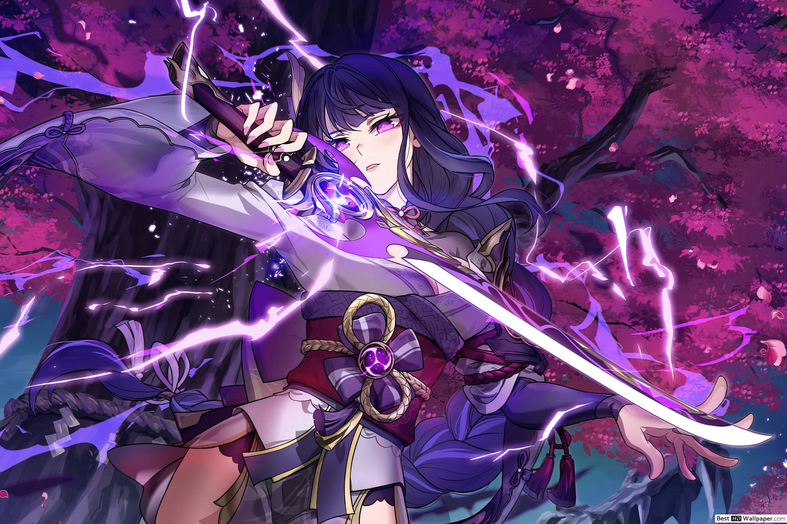 Raiden Shogun, purple lightning, cherry blossoms, 2K Desktop Wallpaper