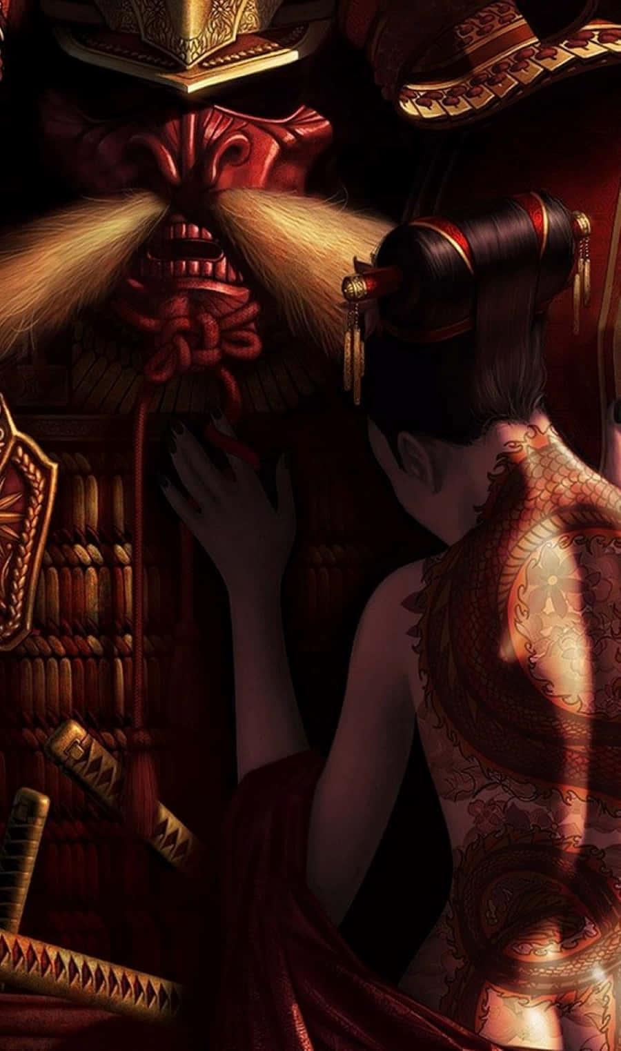 Raiden Shogun, dragon tattoos, oni mask, HD Phone Wallpaper
