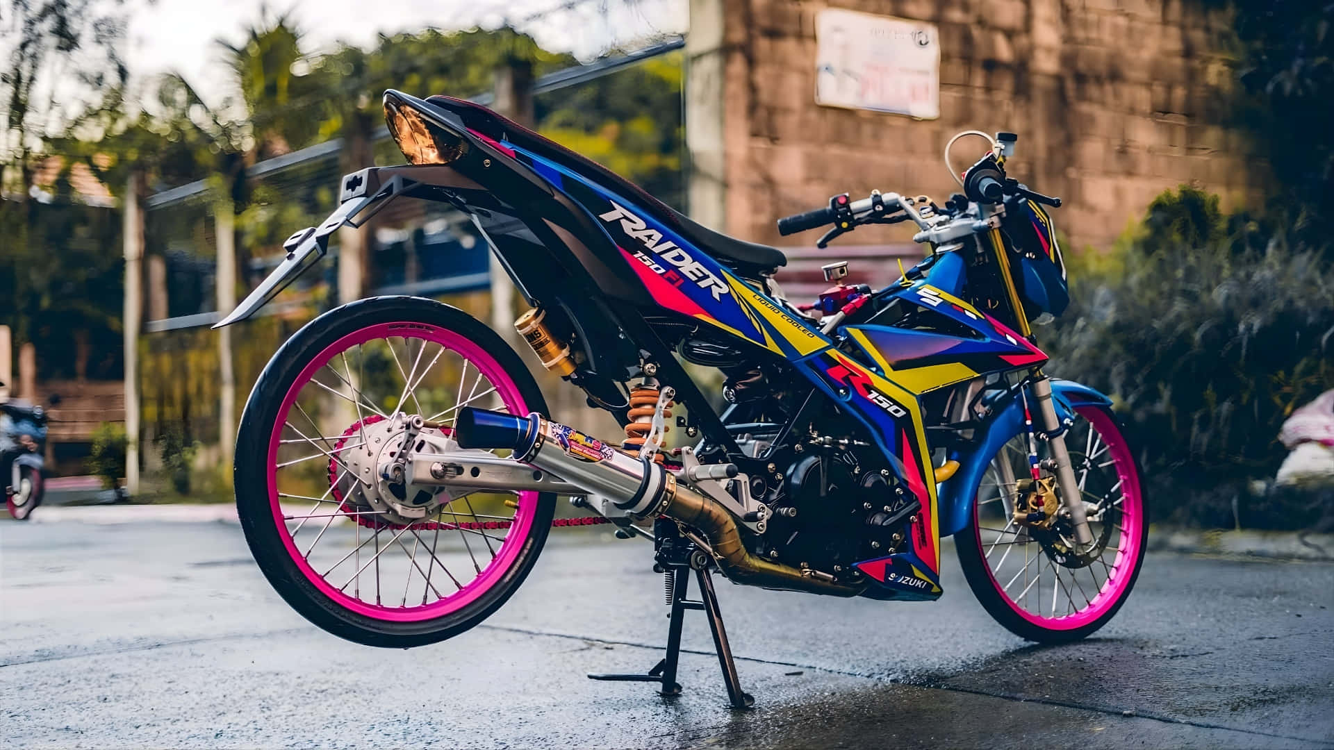 Raider 150 Fi, blue yellow and pink, wet pavement, Full HD Desktop Wallpaper