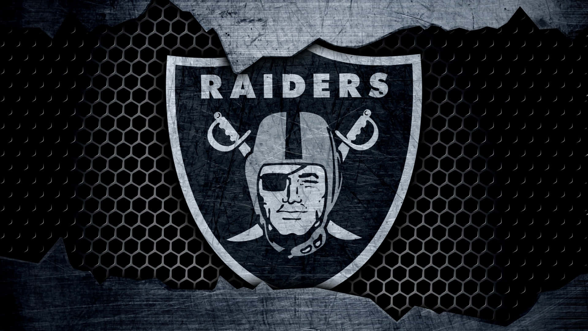 Raiders Logo, grungy background, torn hexagonal mesh, Full HD Desktop Wallpaper