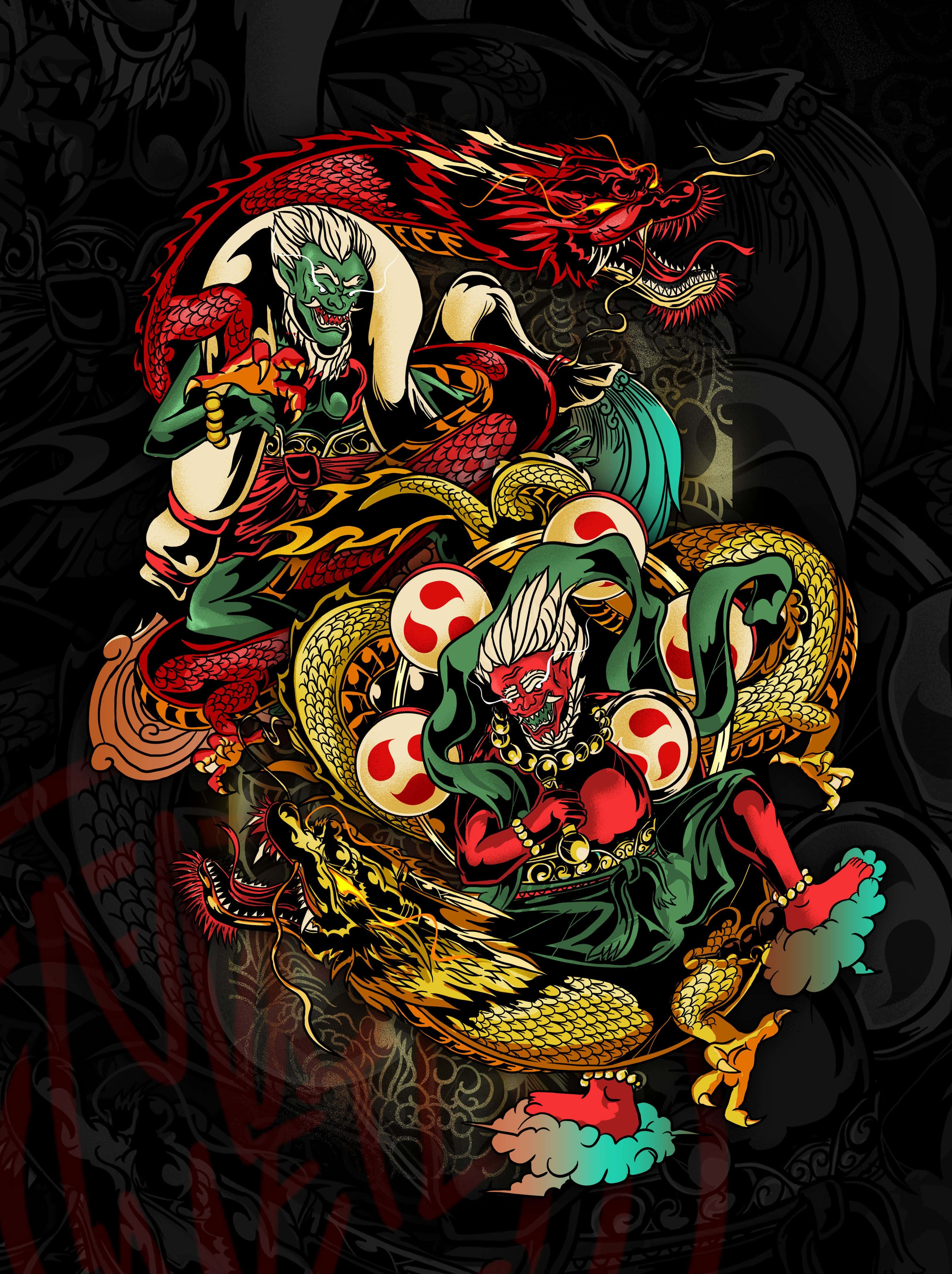Raijin, dragon, demonic figures, 4K Phone Wallpaper