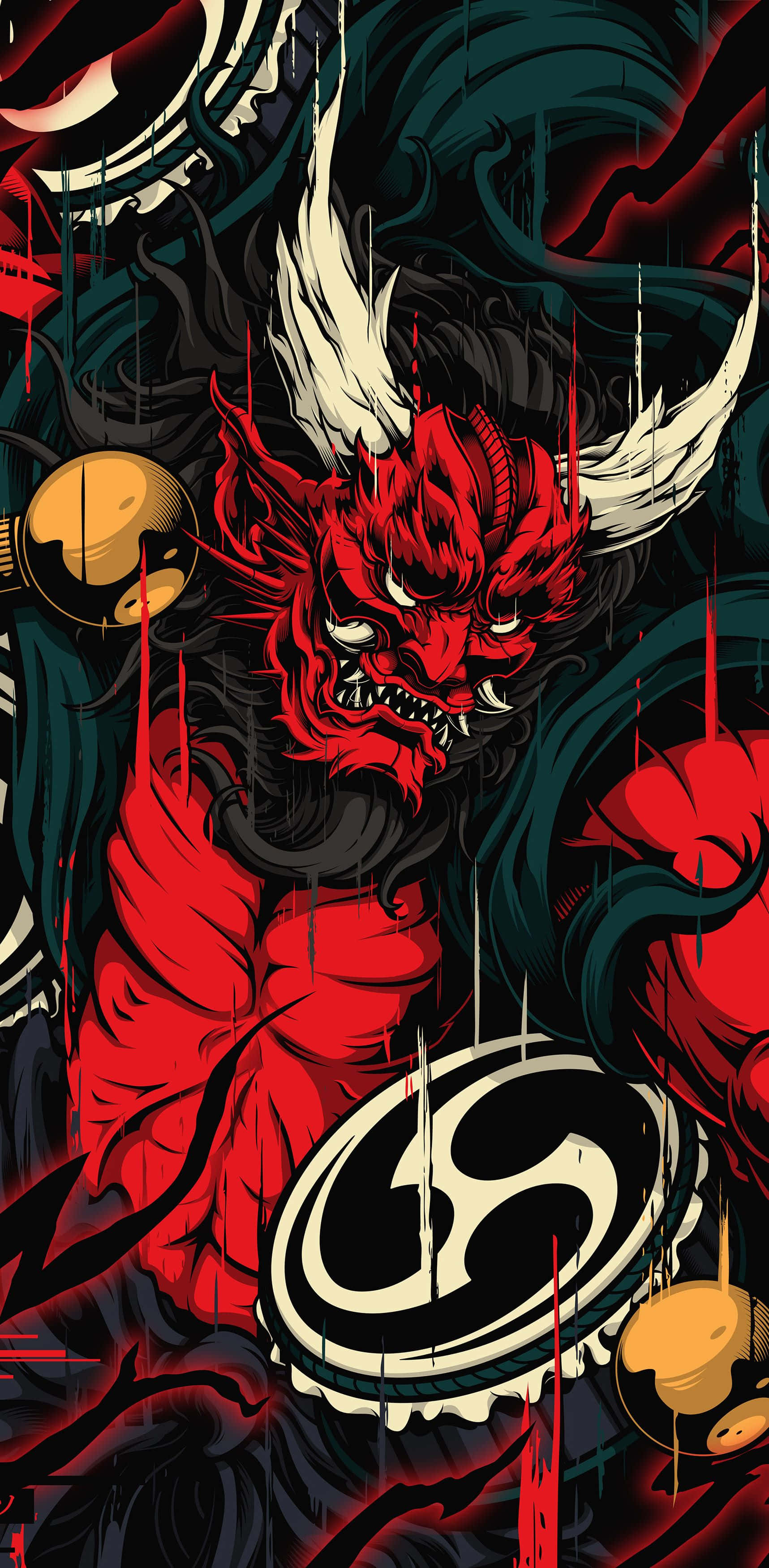 Raijin, drumming demon, red demon, 2K Phone Wallpaper