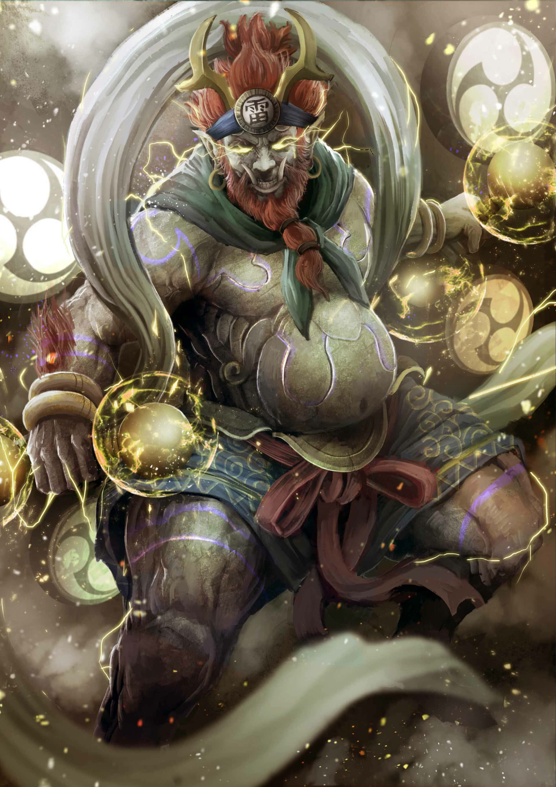 Raijin, red-haired demon, golden horns, 2K Phone Wallpaper