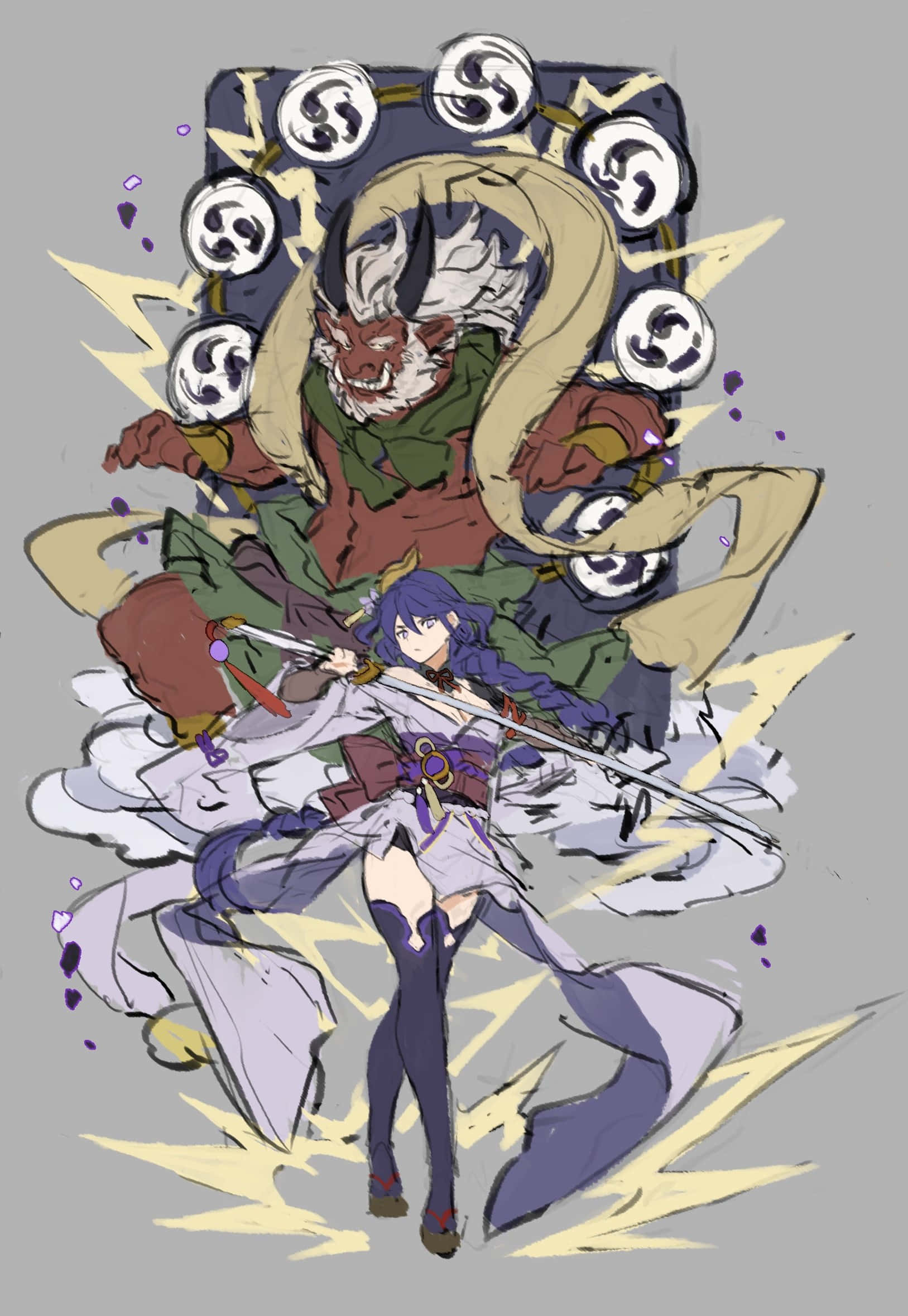 Raijin, purple-haired warrior, flowing white and purple attire, Full HD Phone Wallpaper
