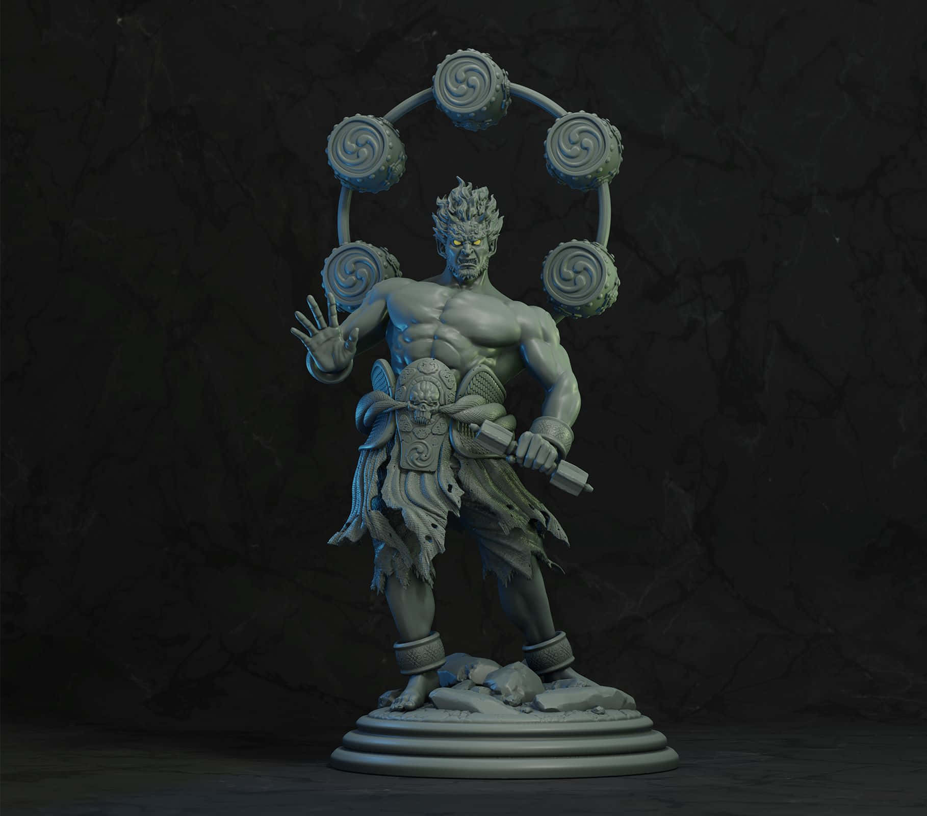 Raijin, grey statue, glowing yellow eyes, HD Desktop Wallpaper