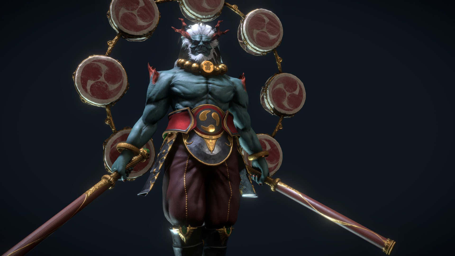 Raijin, blue-skinned demon warrior, white hair, Full HD Desktop Wallpaper