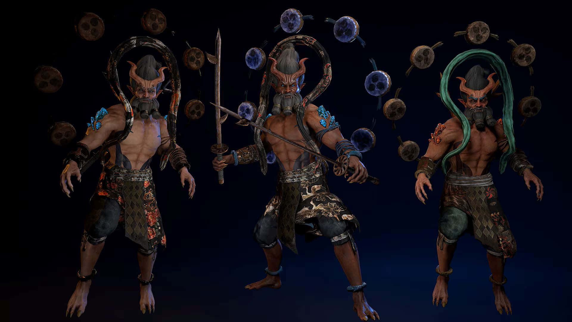 Raijin, mythical thunder god, three horned demonic warriors, Full HD Desktop Wallpaper