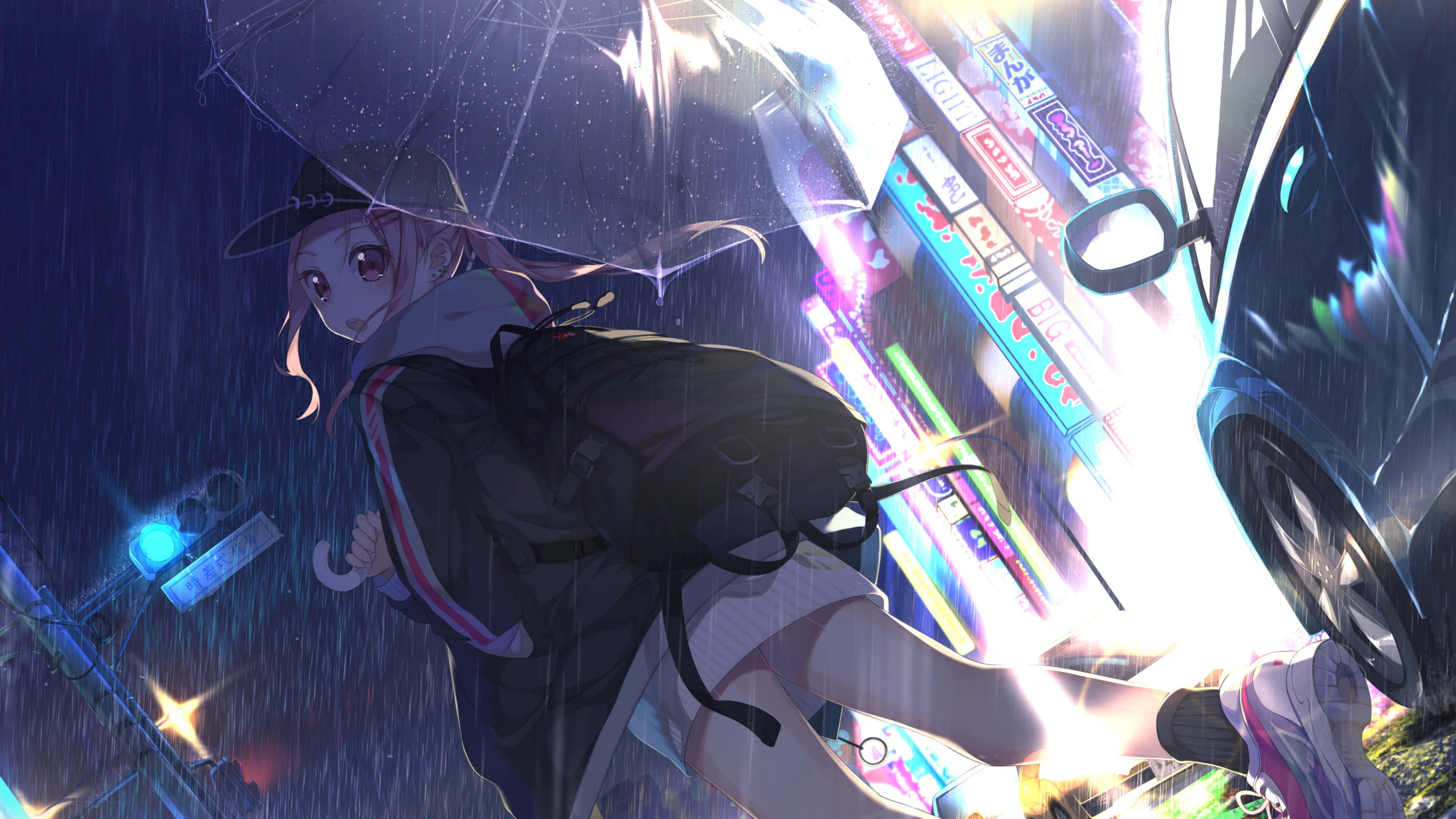 pink-haired anime girl, backpack, neon-lit rain, 4K Desktop Wallpaper