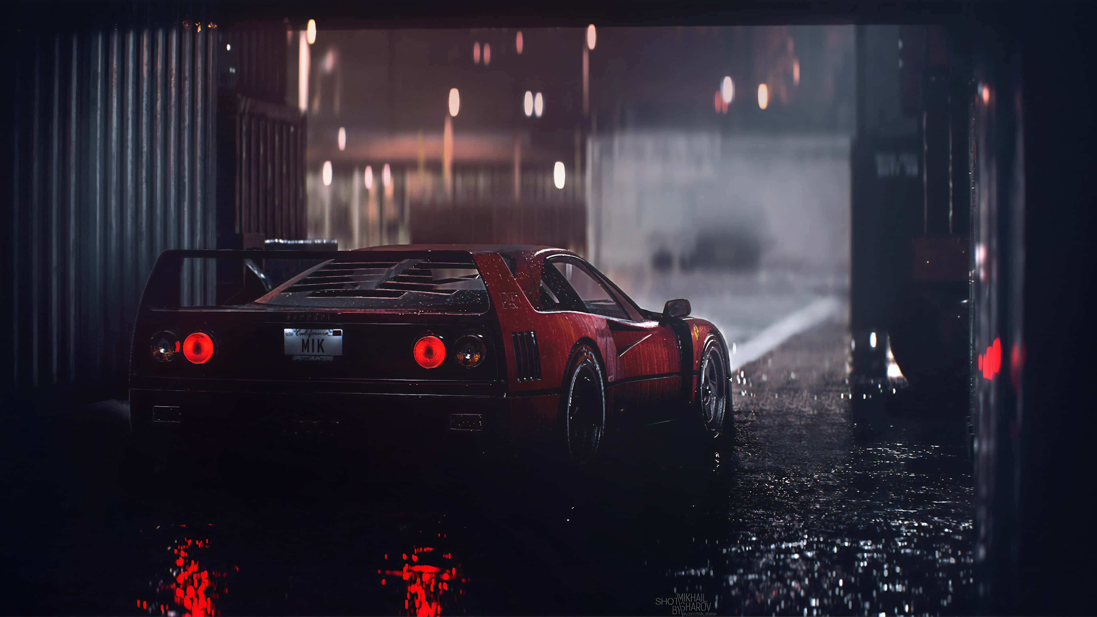red sports car, glowing taillights, rainy urban alley, 4K Desktop Wallpaper