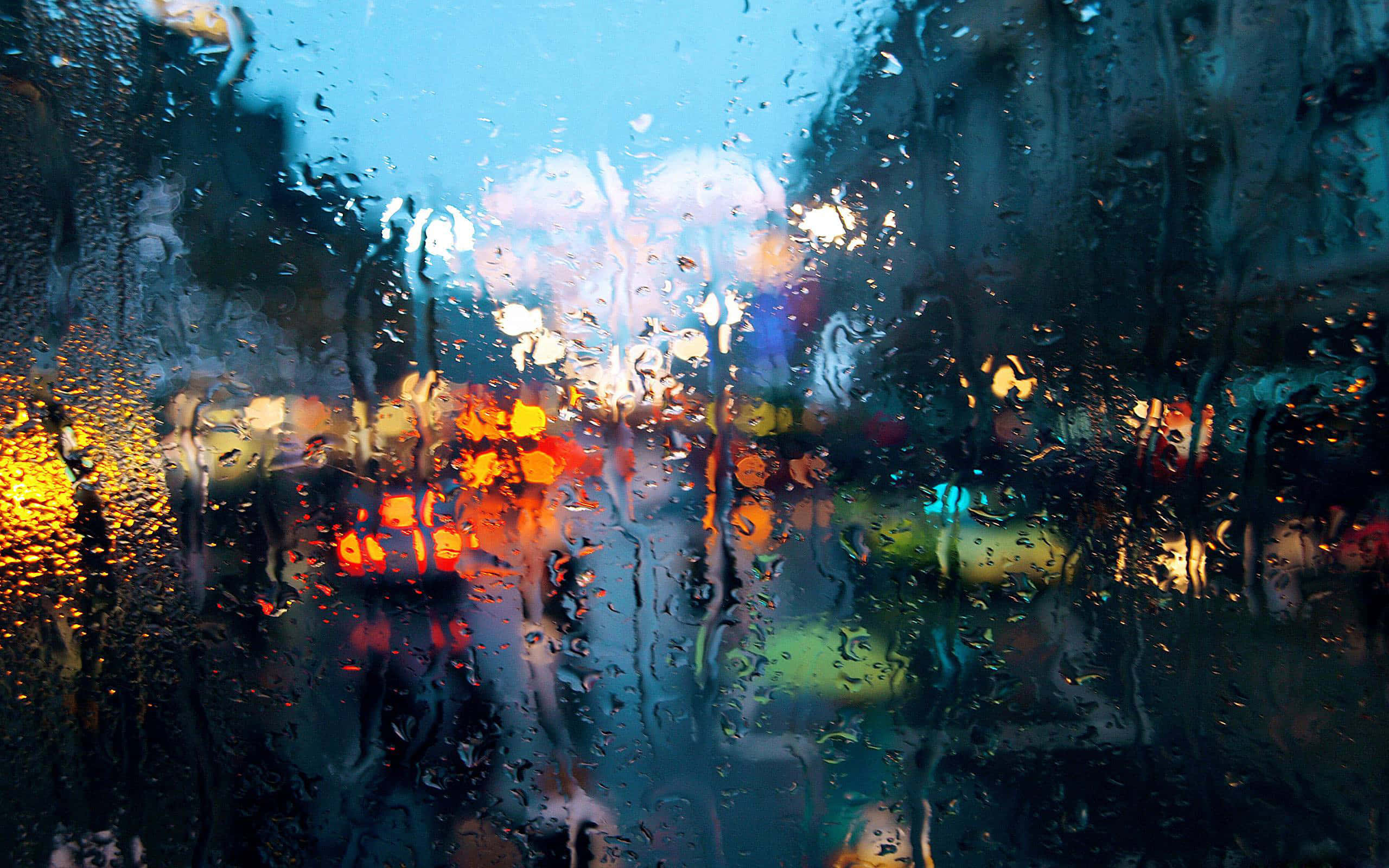 Rain, car window, vibrant city lights, 2K Desktop Wallpaper