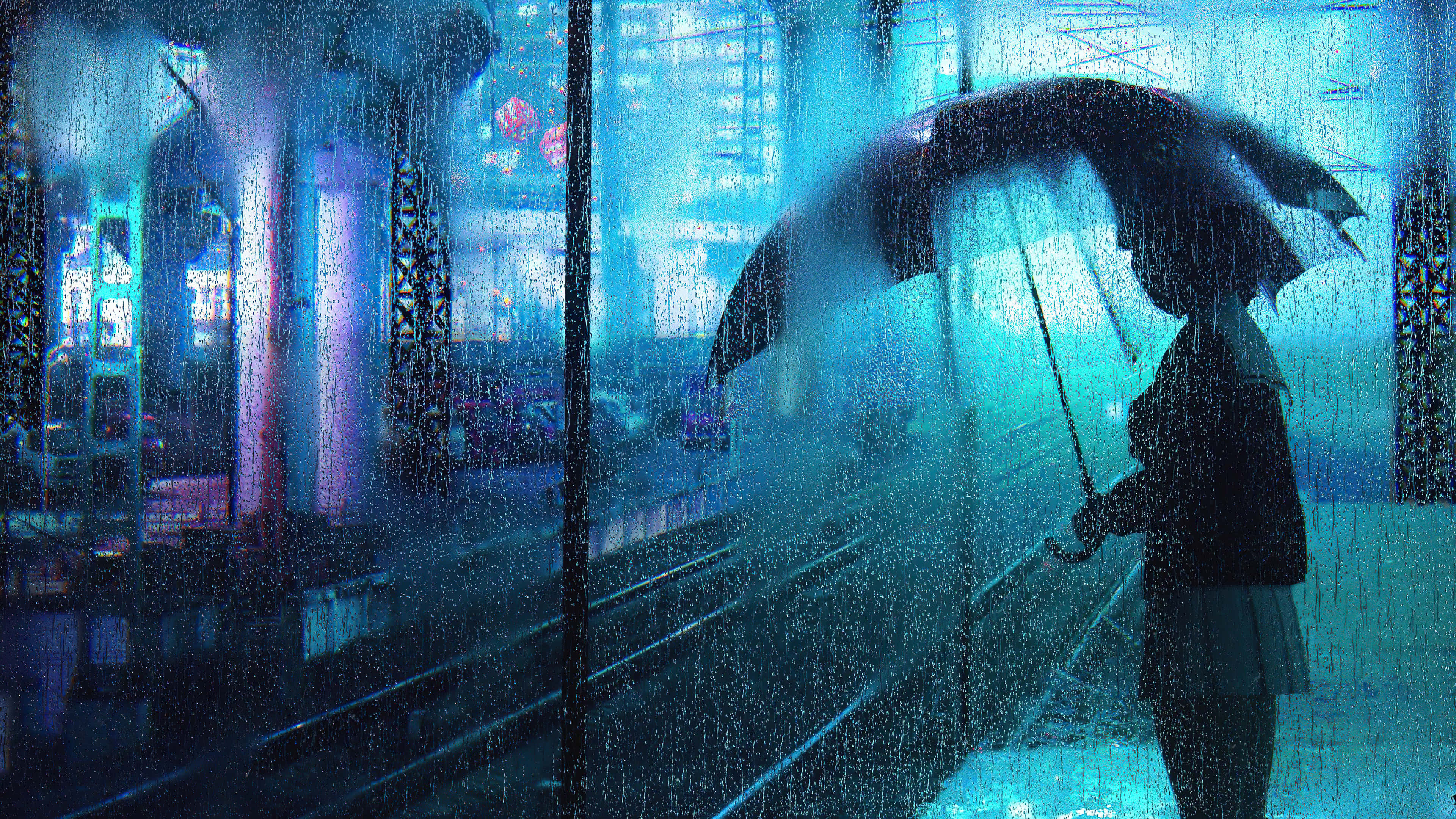 rain 4K, neon-lit urban street, rain-splattered window, 4K Desktop Wallpaper