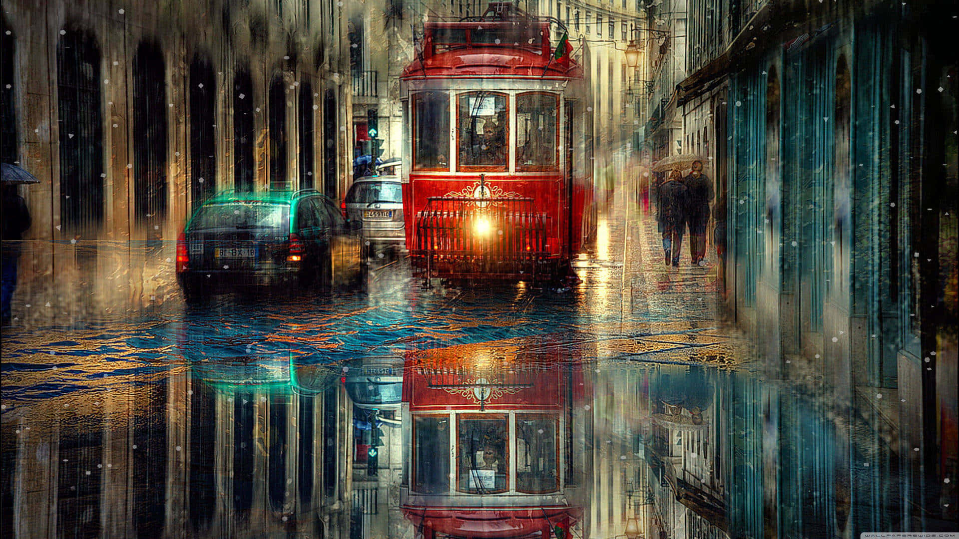 red tram, rain-slicked European street, warm glow, Full HD Desktop Wallpaper