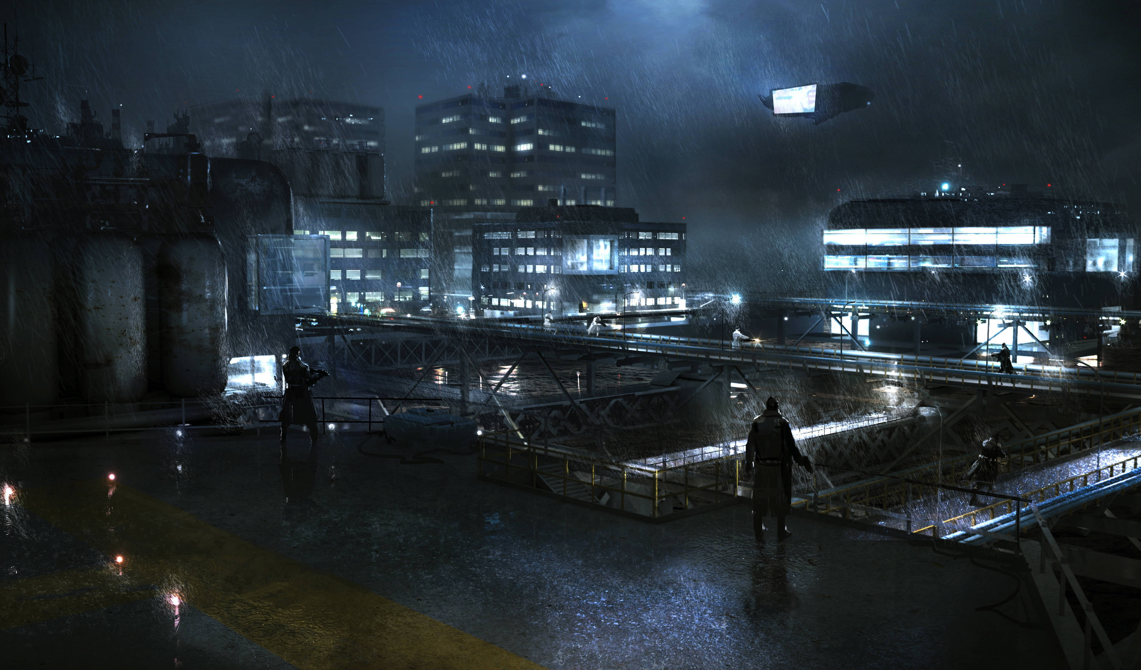 4K Ultra HD, dark storm, rain-soaked urban rooftop, 2K Desktop Wallpaper
