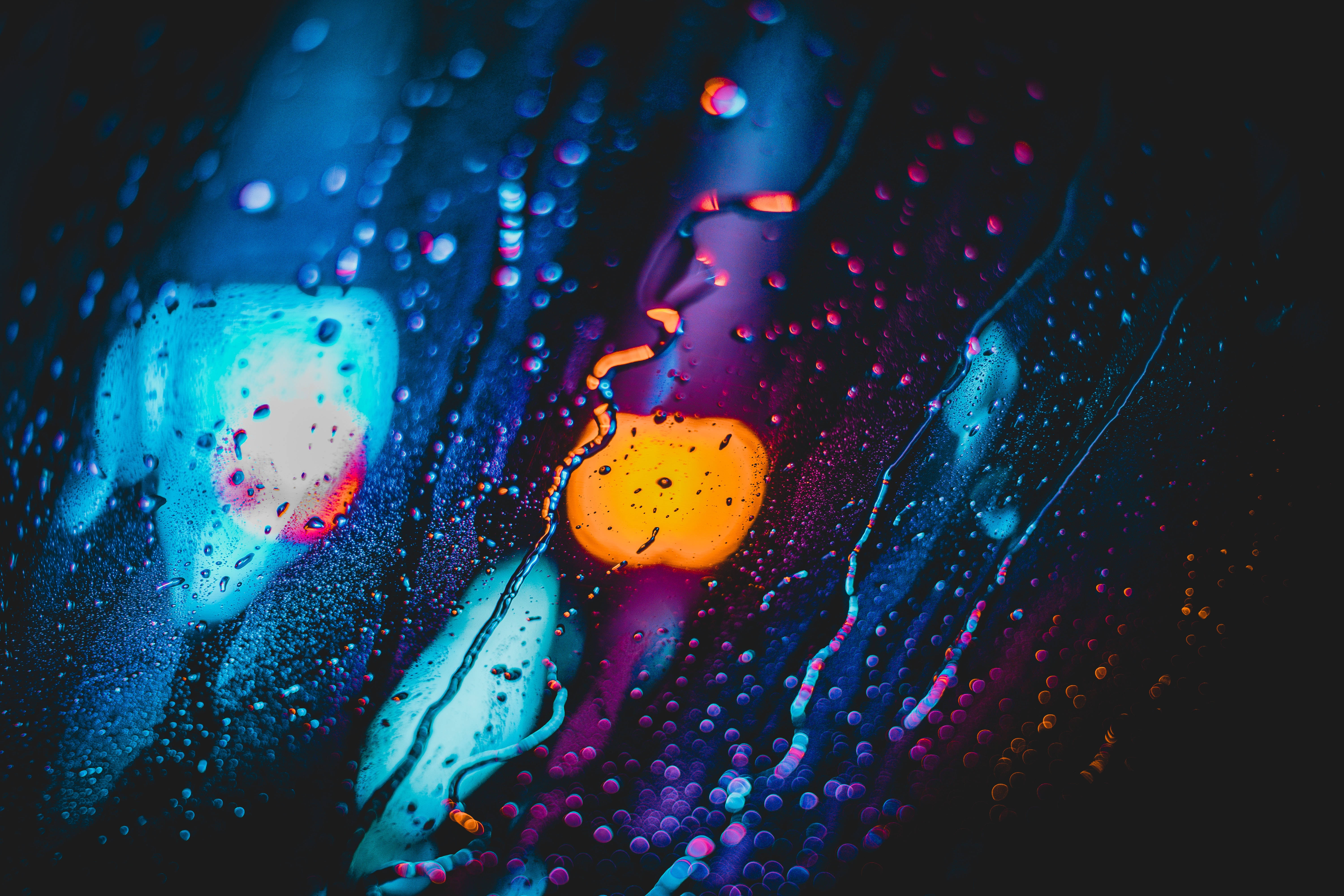 4D Ultra HD, raindrops on window, neon colors, 5K Desktop Wallpaper