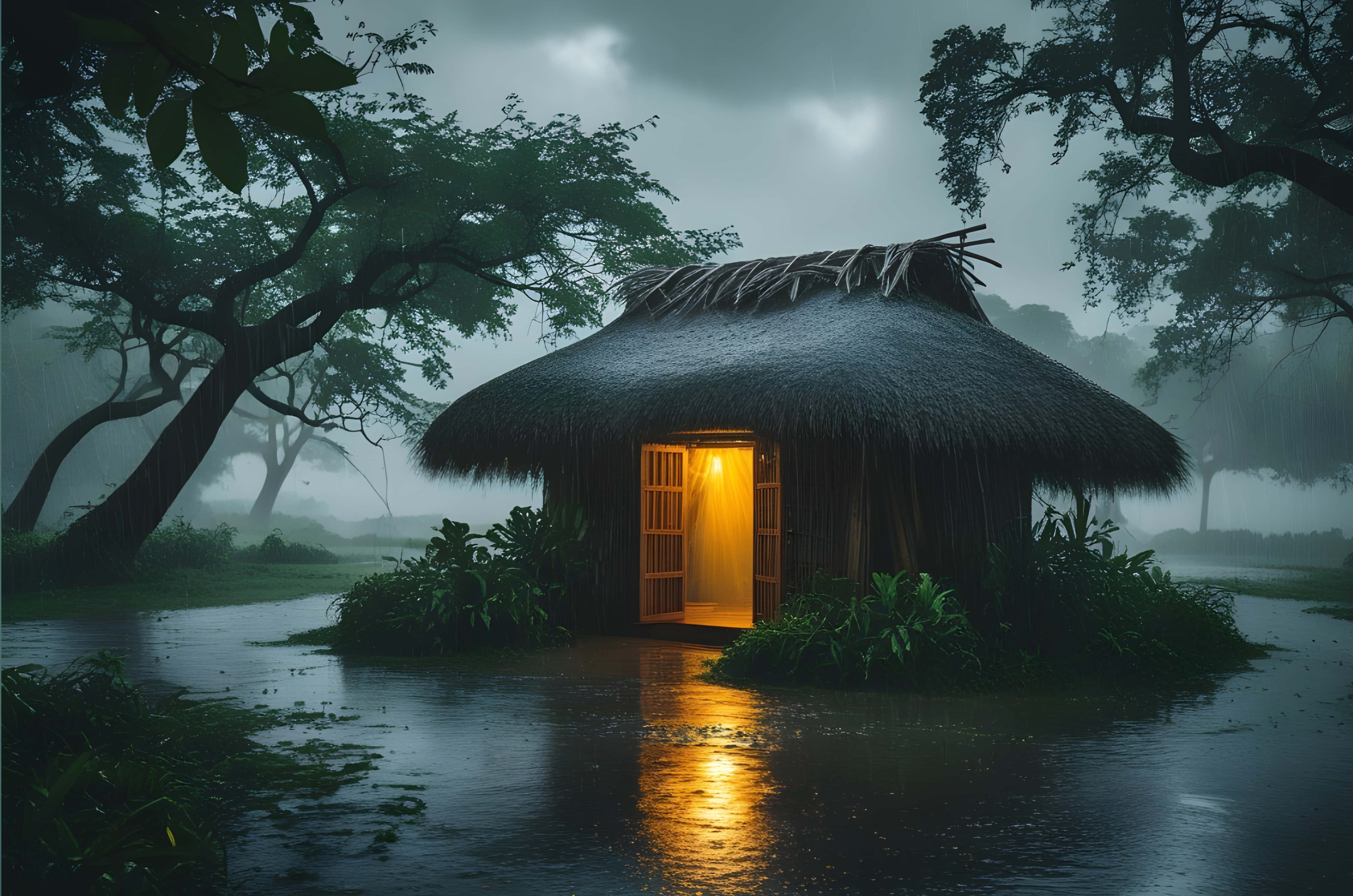 thatched hut, glowing warm light, open door, 4K Desktop Wallpaper