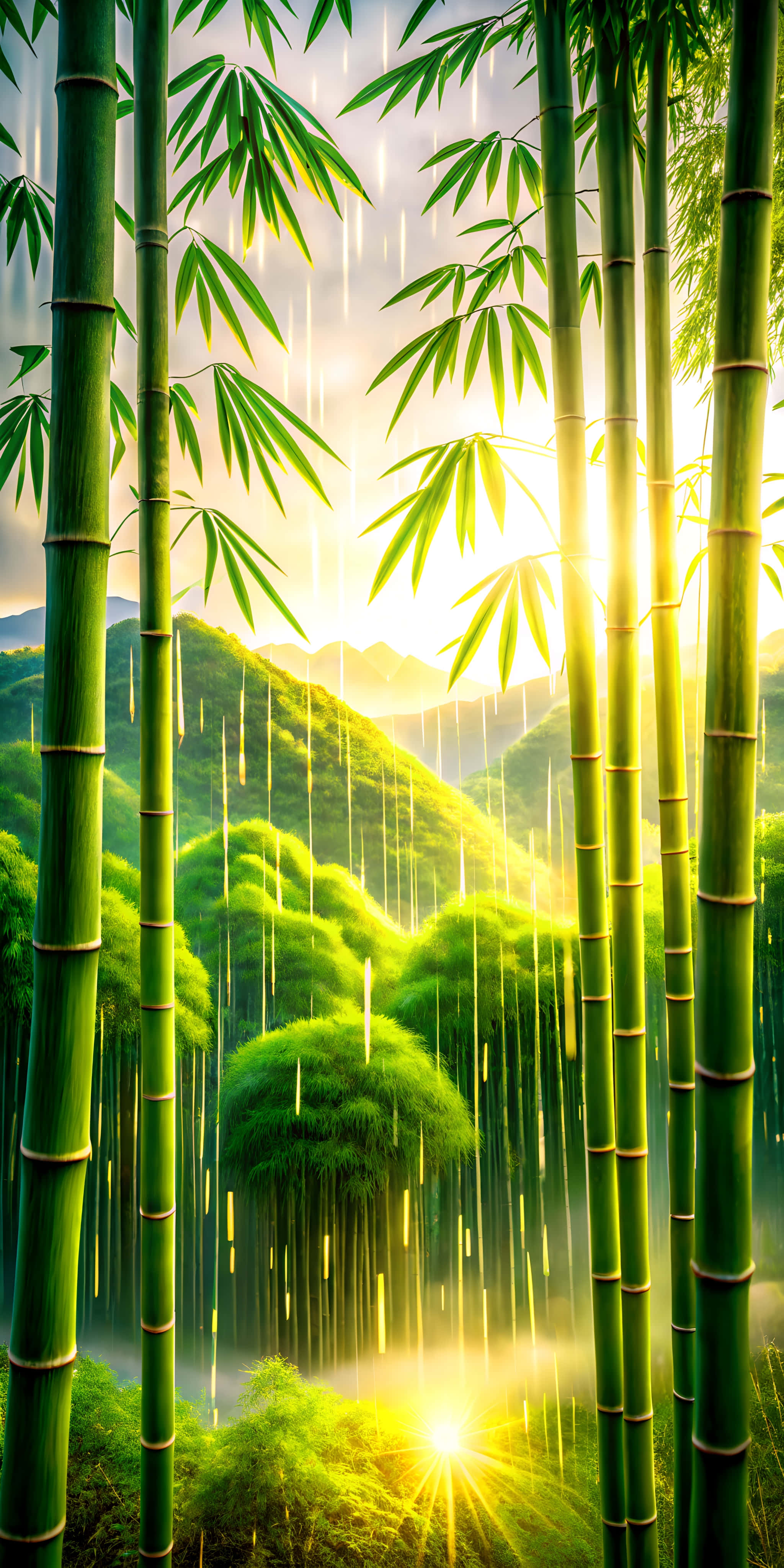 sunshower, bamboo grove, light refracting through raindrops, 4K Phone Wallpaper