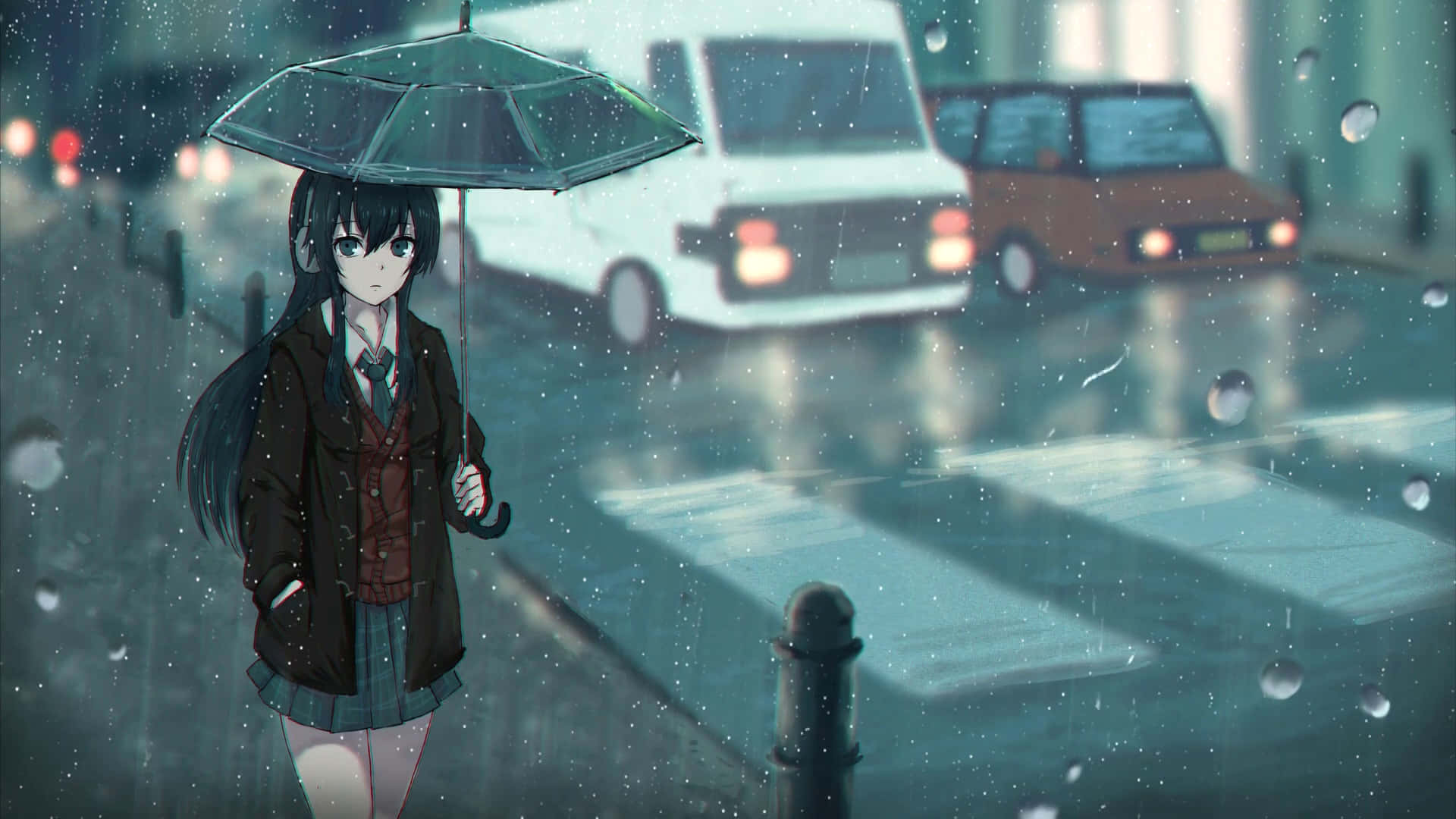 Rain Anime, anime girl, school uniform, Full HD Desktop Wallpaper