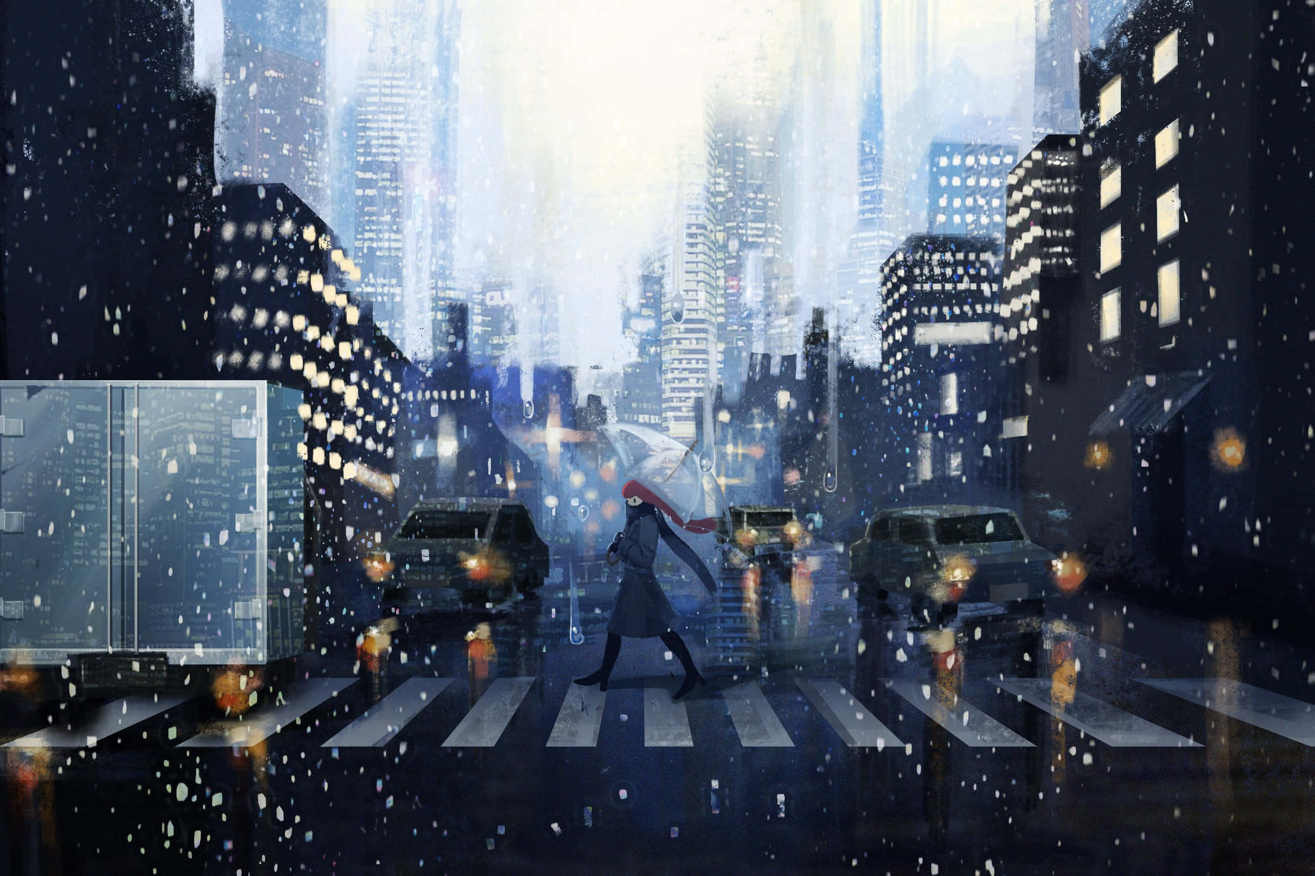 Rain Anime, red scarf, glowing umbrella, 2K Desktop Wallpaper
